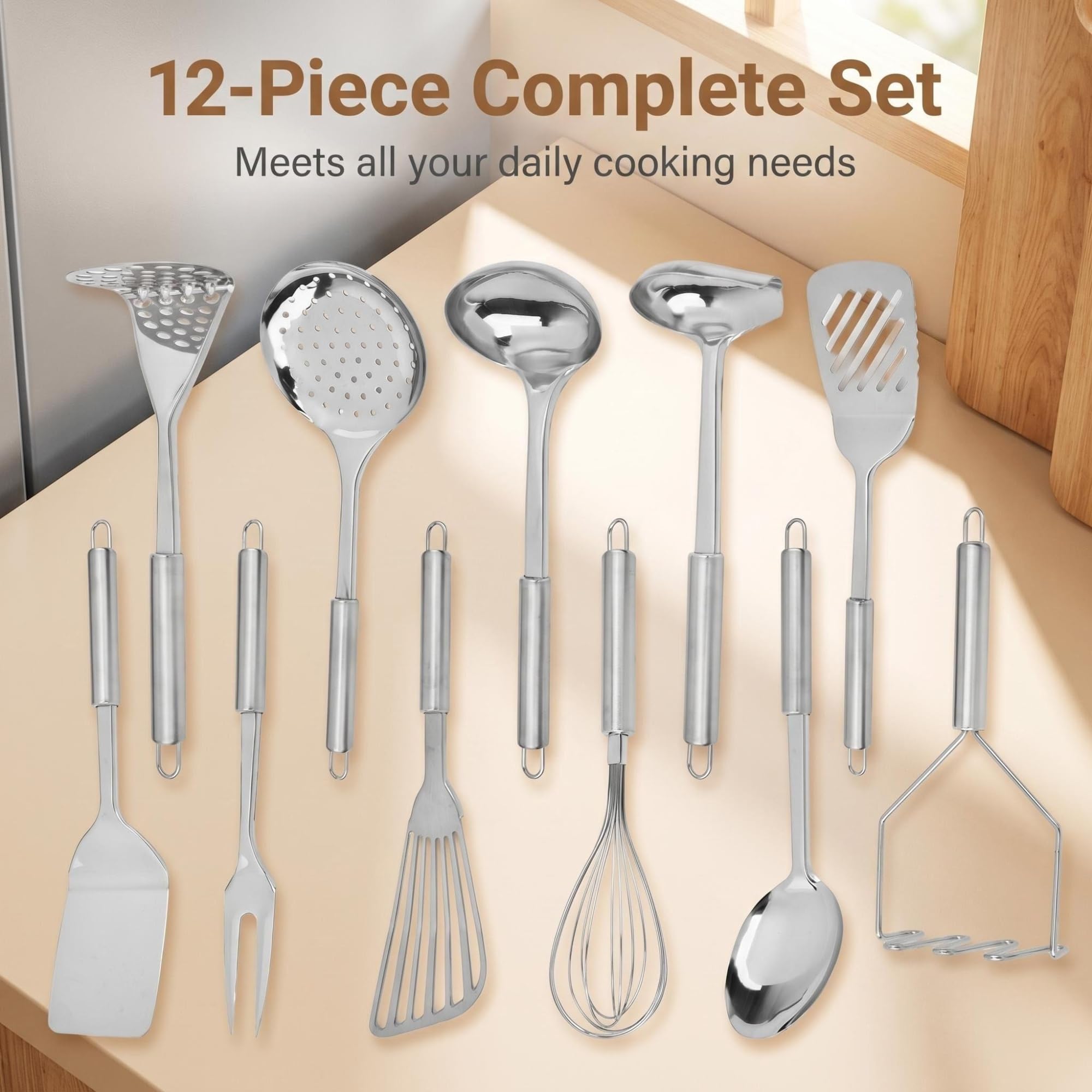 Kochutensilien-Set, 12-Teilig, Küchenutensilien Aus Edelstahl, Hitzebeständiges Metall-kochgeschirr, Spatel-Set for Kochen, Leicht Zu Reinigen Und Spülmaschinenfest