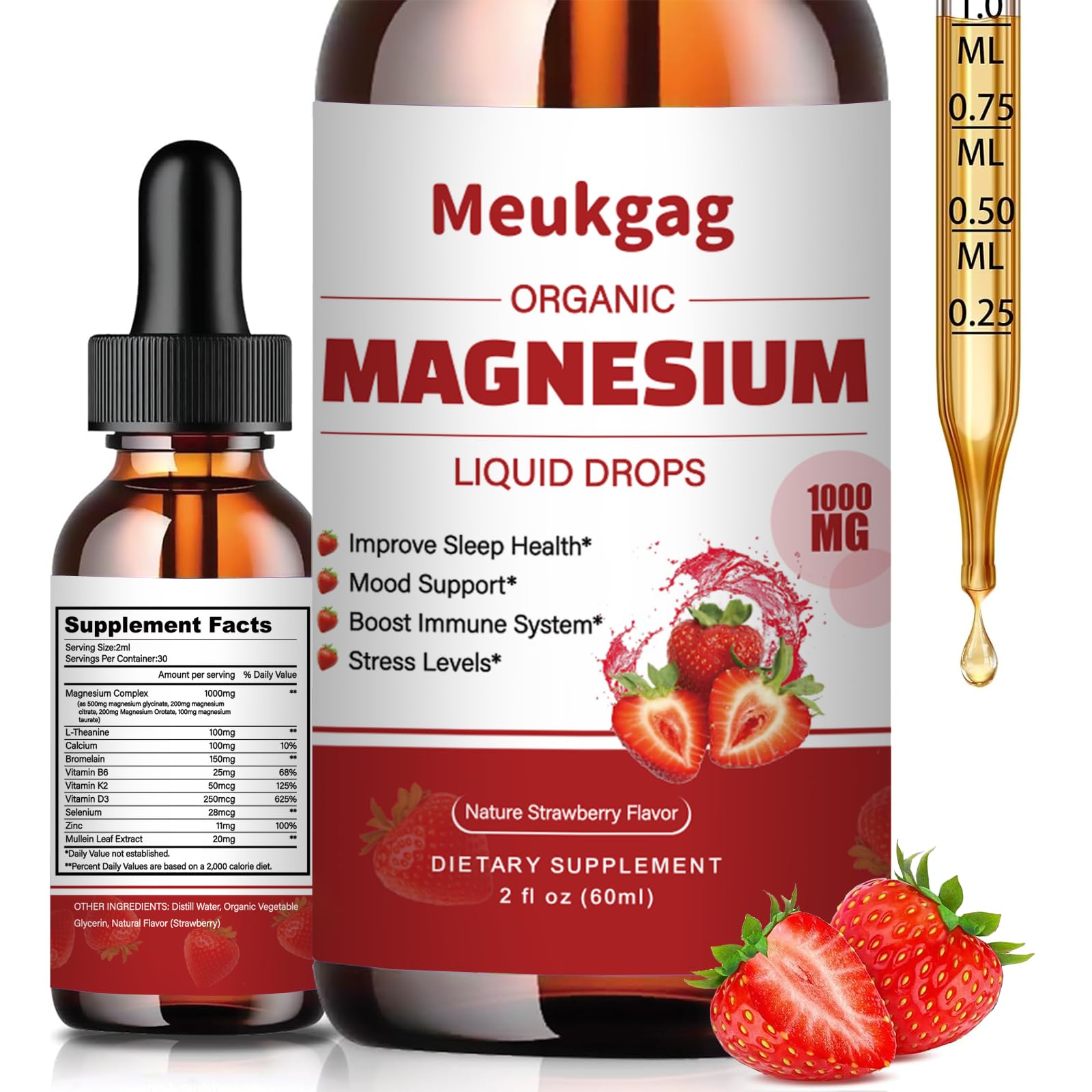Magnesium Glycinate Liquid - 1000mg Liquid Magnesium Complex Supplement with Bromelain, D3, B6 & K2 - Magnesium Glycinate 500mg for Calm Mood/Muscle & Sleep, Strawberry Flavor, 2fl Oz