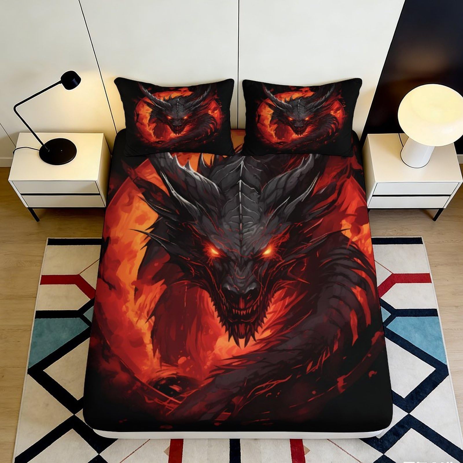 3D Printed Fiery Dragon Fitted Sheet Microfiber Soft Breathable Black Red Dragon Bed Cover for Bedroom Dormitory Guest Room Mattress Protection 120x200x25cm