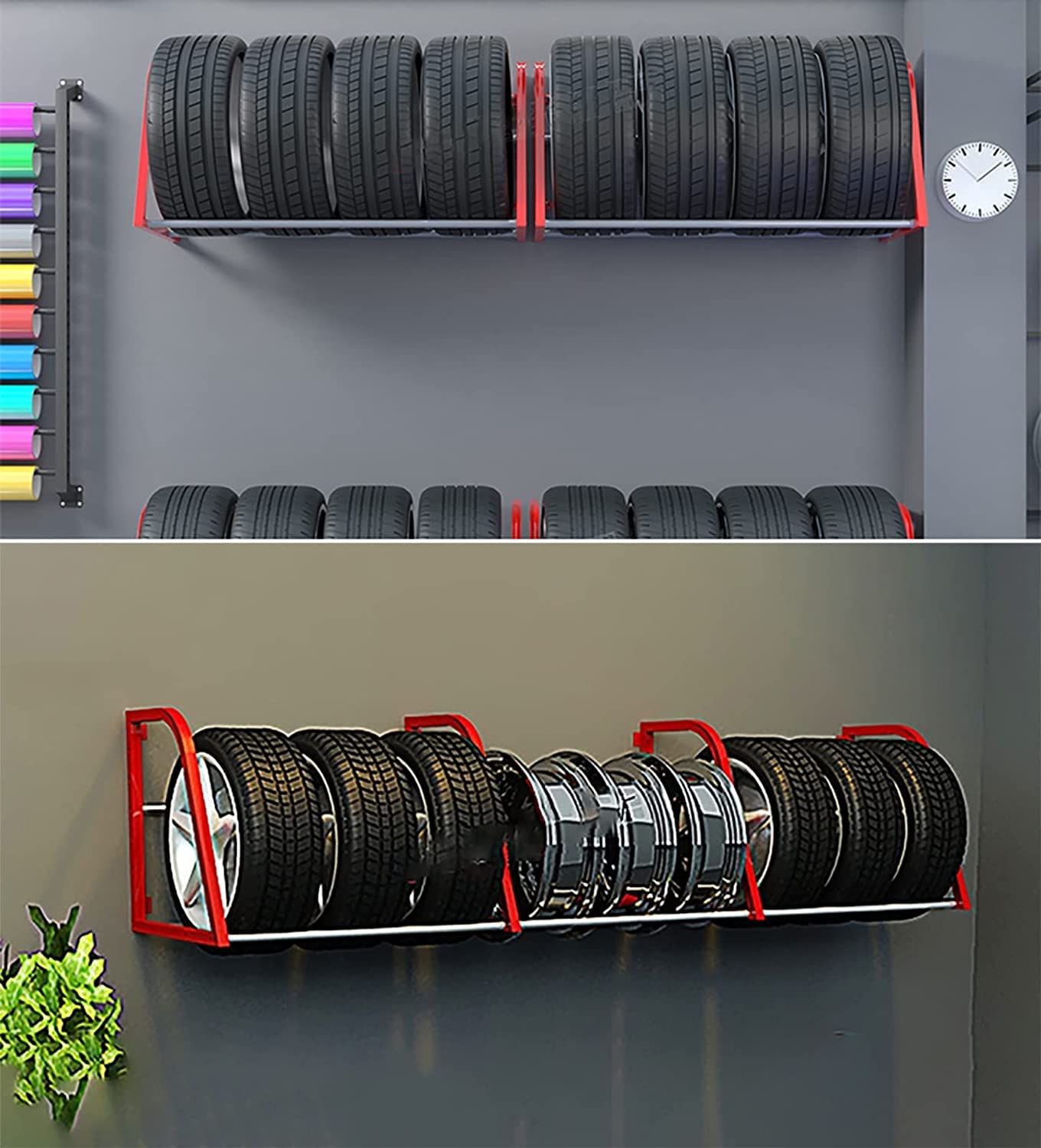 Porta Pneumatici da 127 cm/50, Montaggio a Parete, per Garage, Auto, casa, Rosso, Organizer per Pneumatici in Metallo