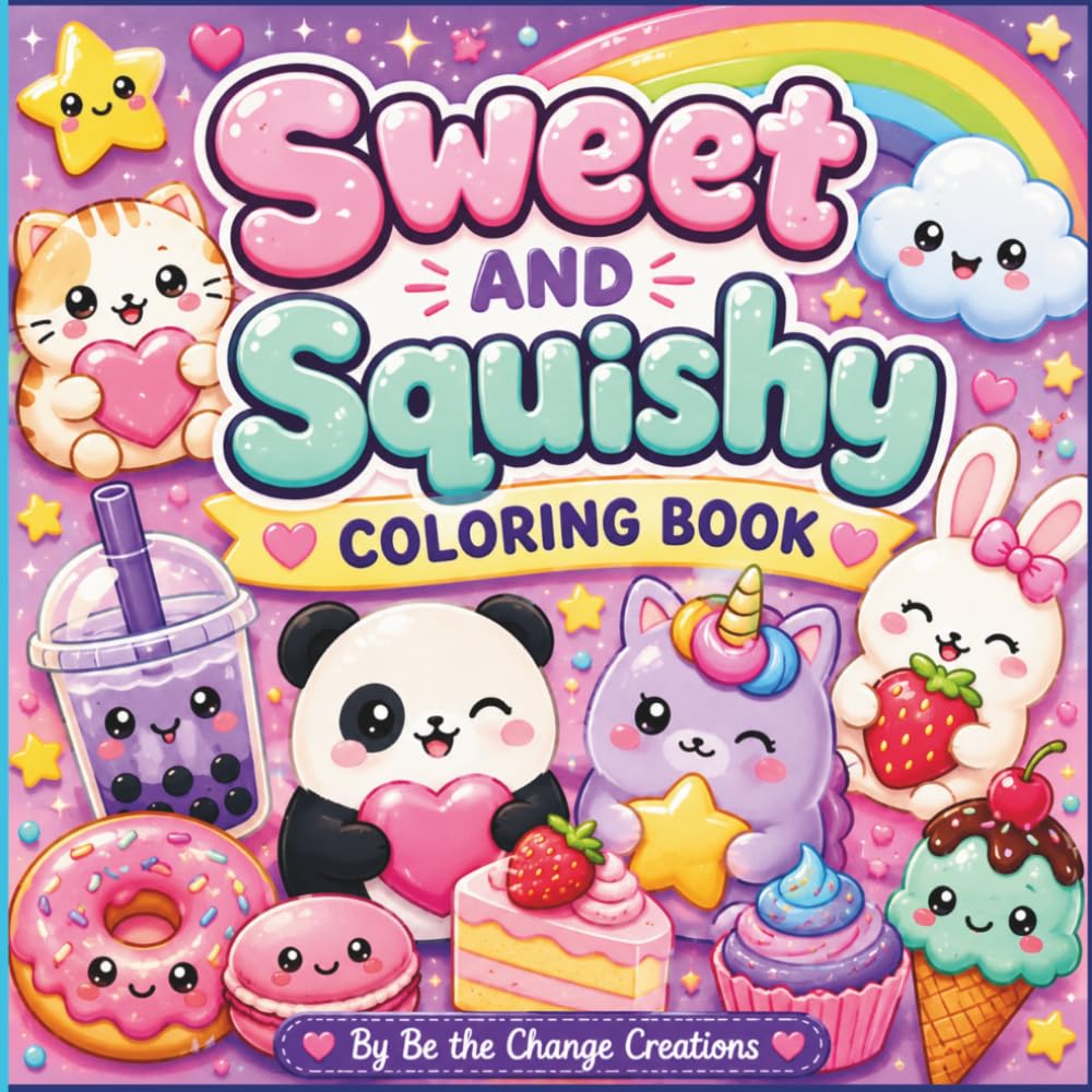 SWEET AND SQUISHY COLORING BOOK: Bold and Easy Coloring Pages Filled with Adorable Animals, Sweet Treats, Fantasy Friends, and Squishy Fun