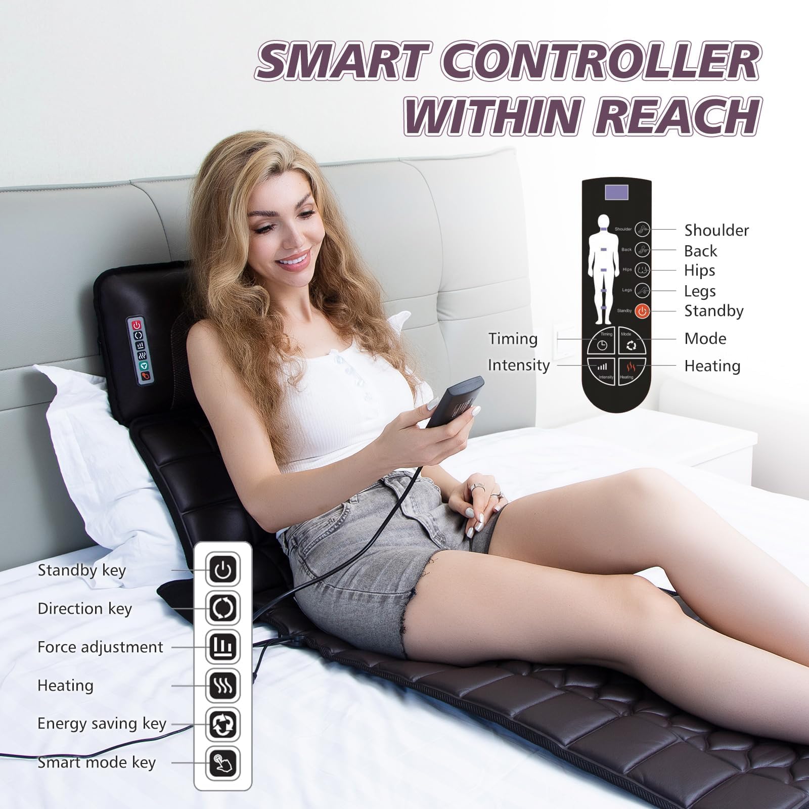 Ganzkörper-Massagematte mit Wärmefunktion, abnehmbarem Nackenmassagegerät, verschiedenen Massagemodi für den ganzen Körper, Massagekissen mit 10 Vibrationsmotoren und 9 Geschwindigkeitsstufen für