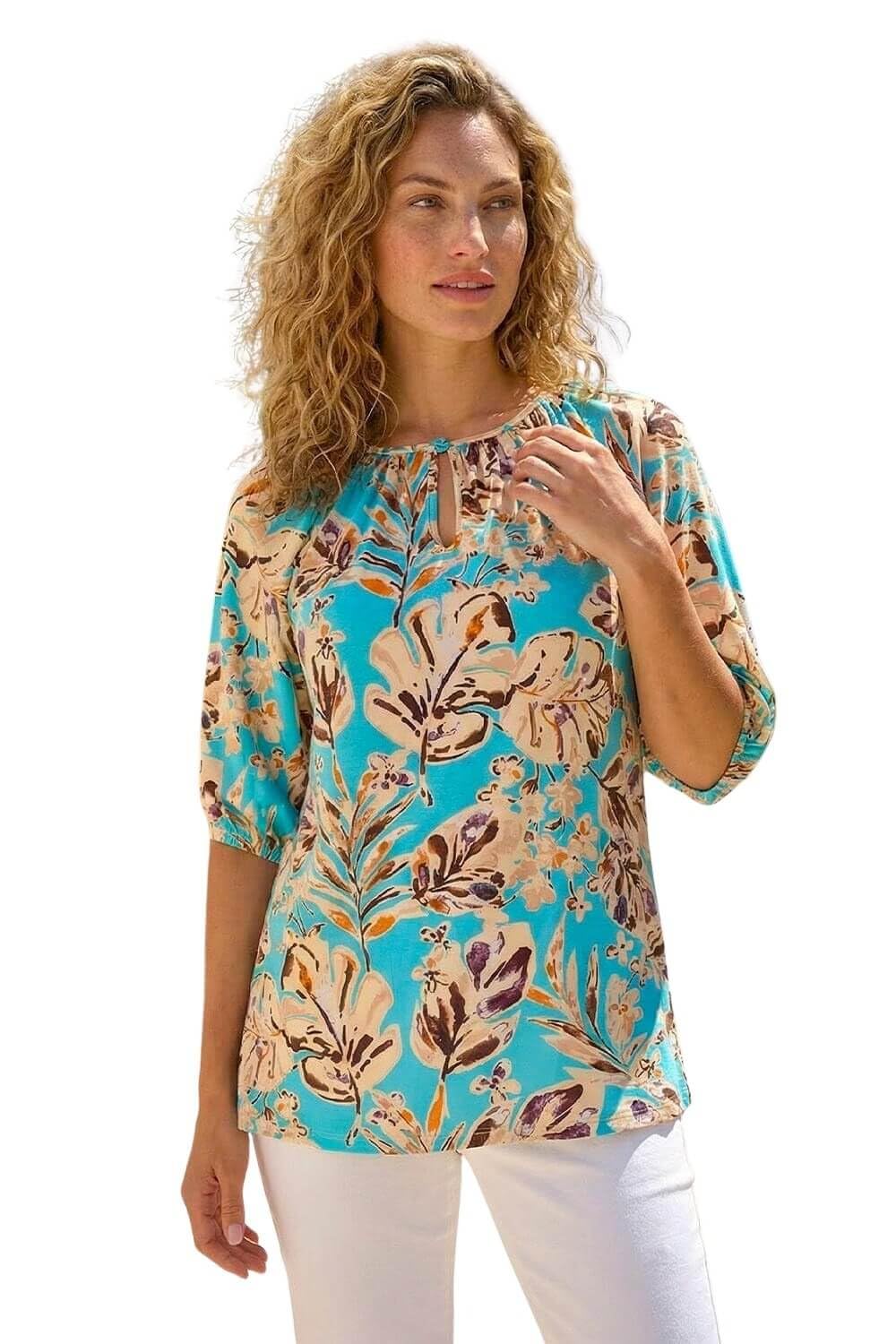 Roman Women's Blue Floral Printed Keyhole Front Stretch Top Size 12