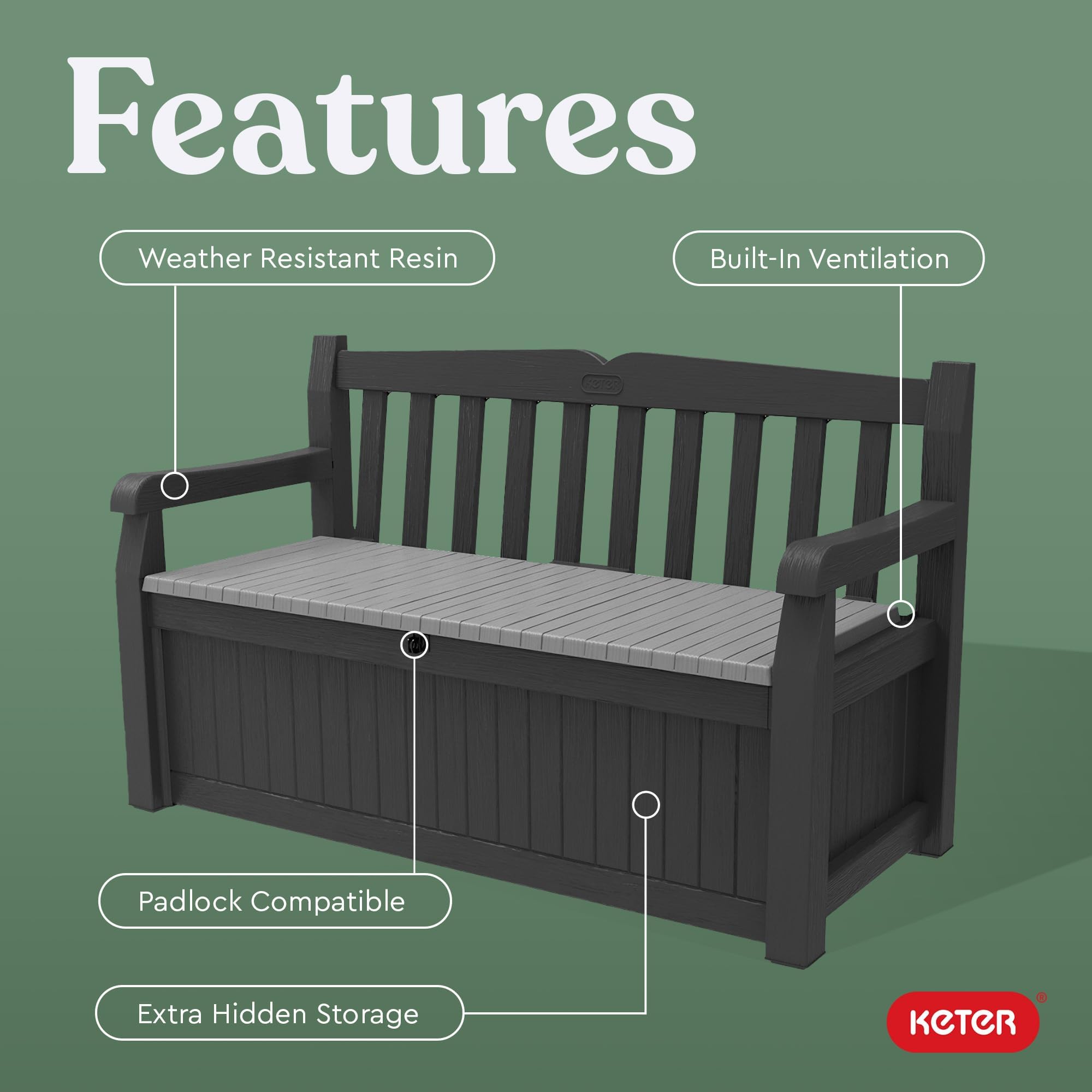 Keter Solana 70 Gallon Storage Bench Deck Box for Patio Furniture,