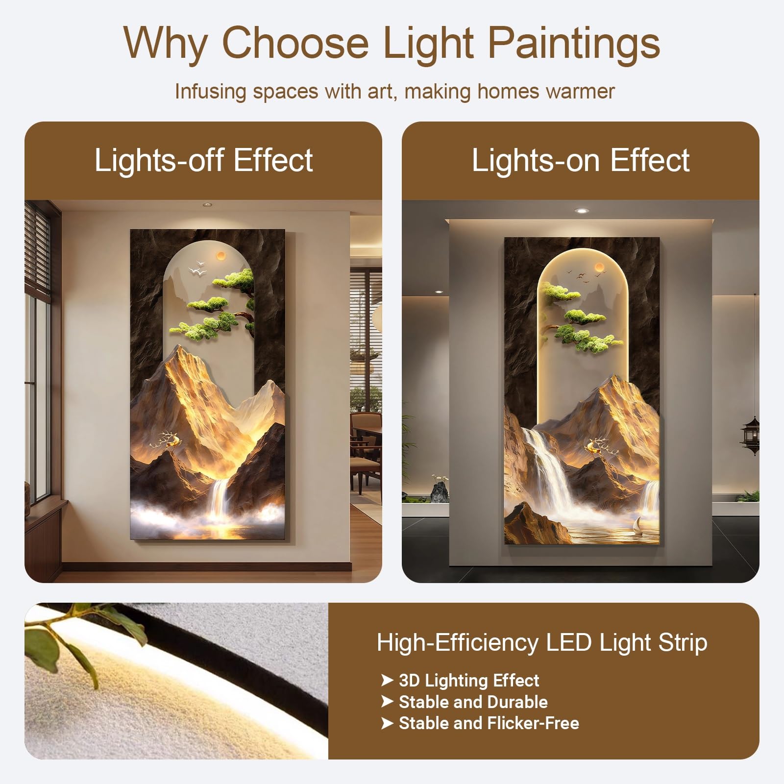3D-Wandbild mit LED-Beleuchtung, Wandbild in Sandsteinoptik, handgemaltes 3D-LED-Gemälde mit Berg- und Kiefernmotiv, modernes Dekor mit Struktur für Eingangsbereich und Wohnzimmer (GelbB 15,