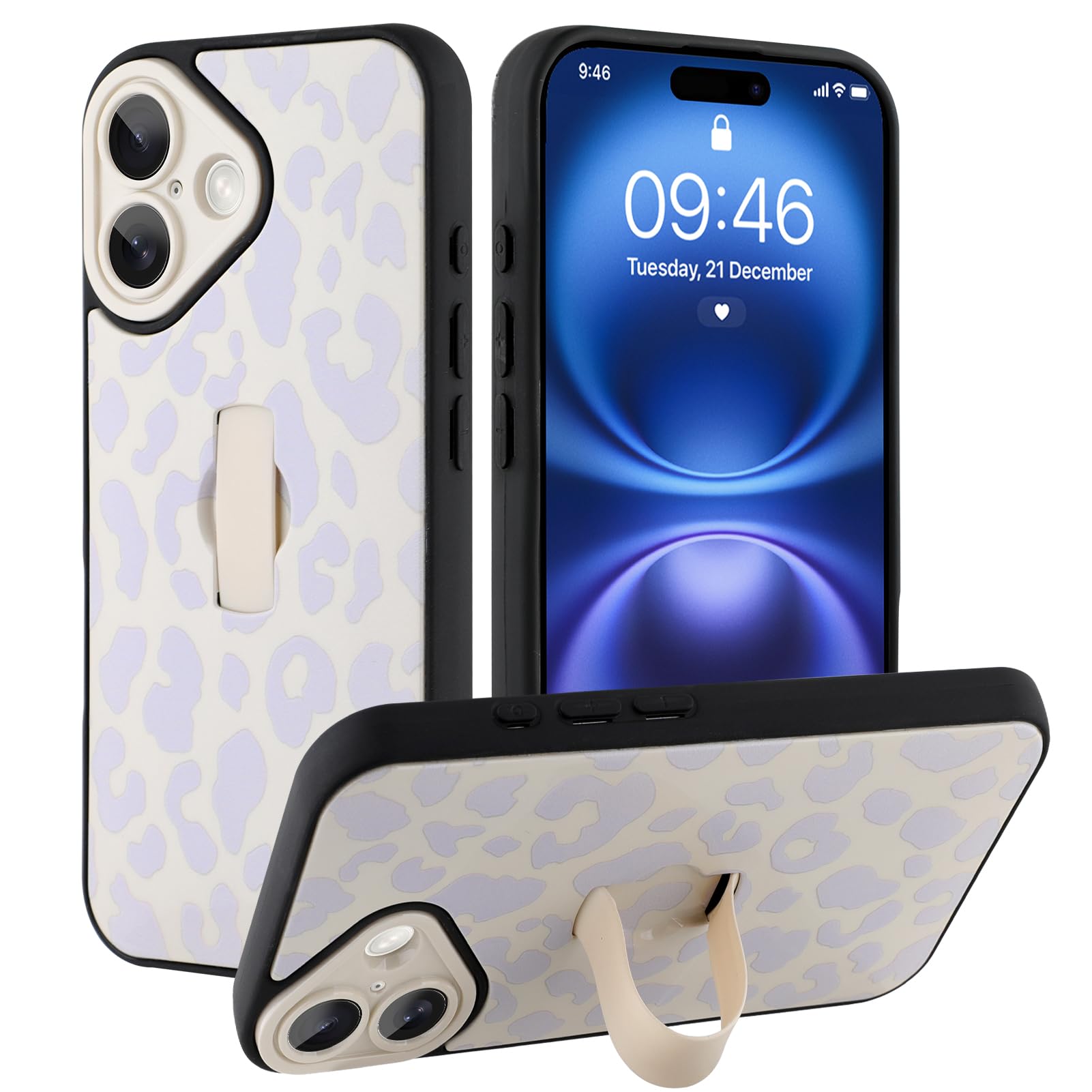 Ufbara Compatible with iPhone 16 Case for Women Girls, Cute Cheetah Leopard Pattern, Built in Adjustable Wrist Strap Grip Hand Holder Stand Shockproof