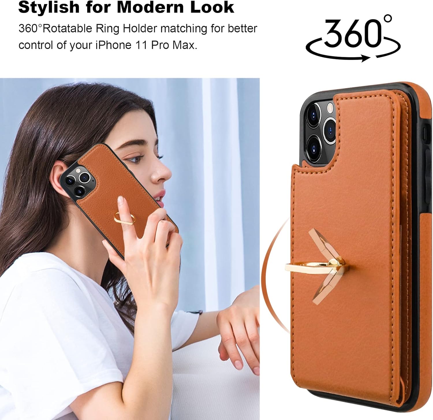 Folosu Compatible with iPhone 11 Pro Max Case Wallet with Card Holder, 360°Rotation Finger Ring Holder Kickstand Protective RFID Blocking PU Leather Double Buttons Flip Cover 6.5 Inch Brown - Image 3