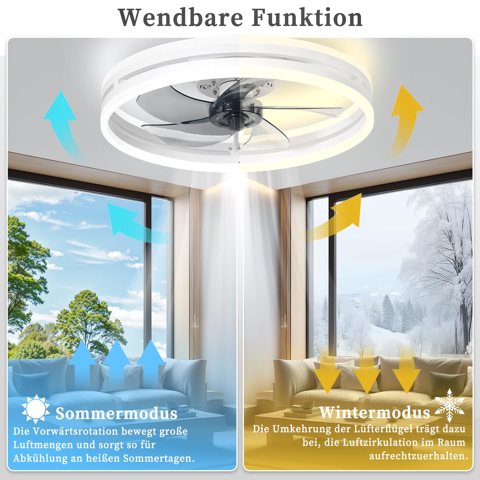 Leise Deckenventilator Mit Beleuchtung 72W Dimmbare Deckenleuchte Mit Fernbedienung Und APP 6 Geschwindigkeiten Lampe Mit Ventilator Timer Deckenventilatoren Schlafzimmer Wohnzimmer Licht (Weiß,50cm)