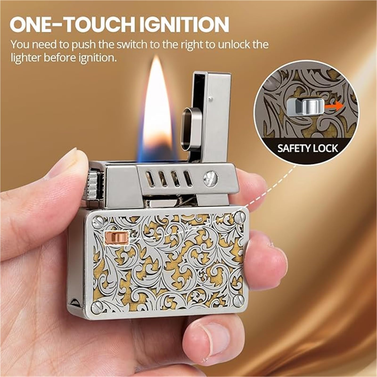 Encendedor de queroseno, llama suave de doble llama con bloqueo de seguridad, encendido de un botón, ideal para barbacoa, velas, camping al aire libre, para hombres