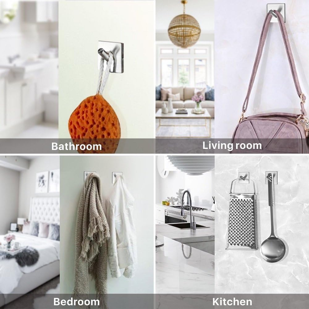 Adhesive Hooks, Anteer Self Stick Towel Robe Hooks Key Hooks Heavy Duty Coat Hooks Stainless Steel Sticky Wall Hooks for Home, Kitchen, Bathroom