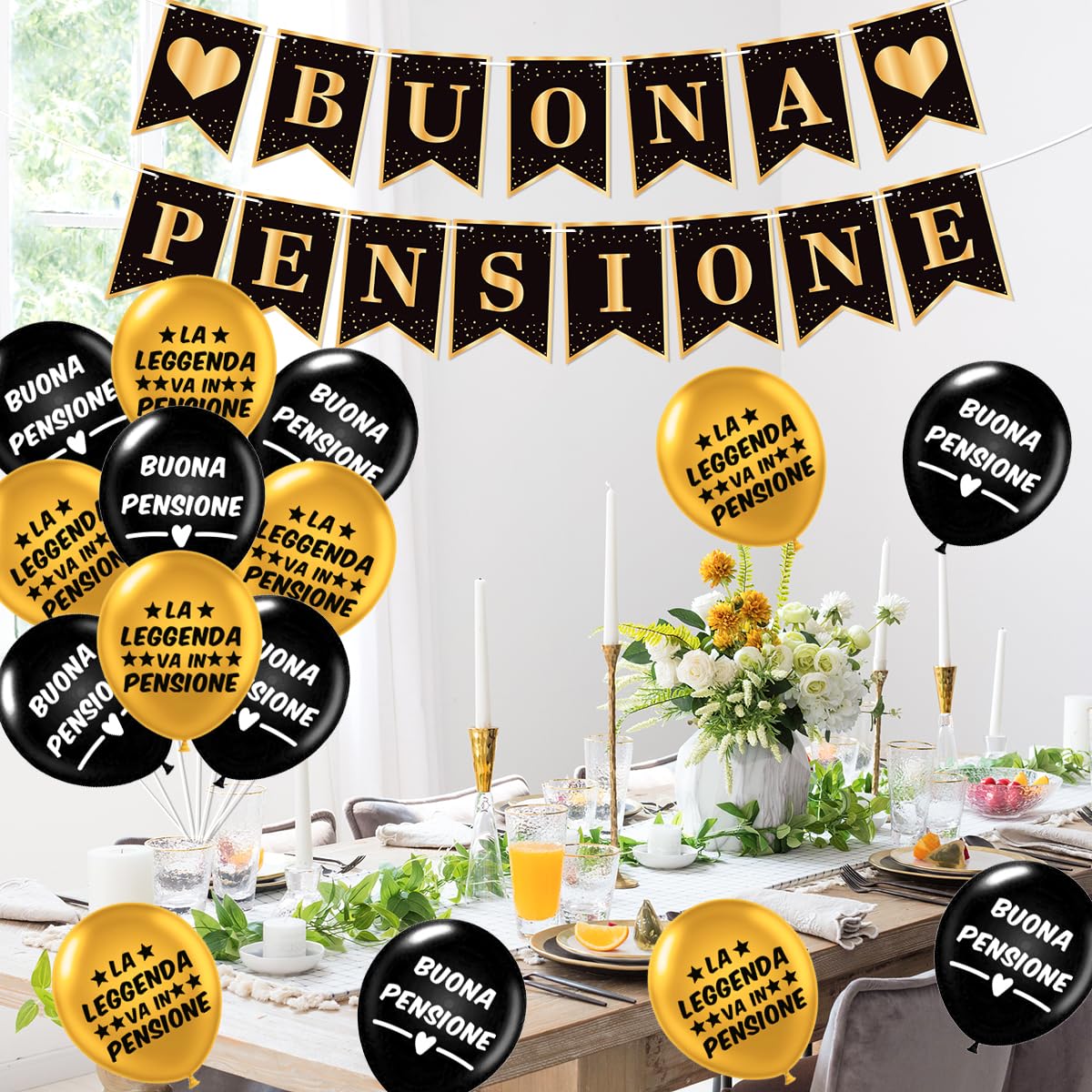 Decorazione Pensione Banner E Palloncini - Striscioni "Finalmente In Pensione", Nero E Oro - Foto 5