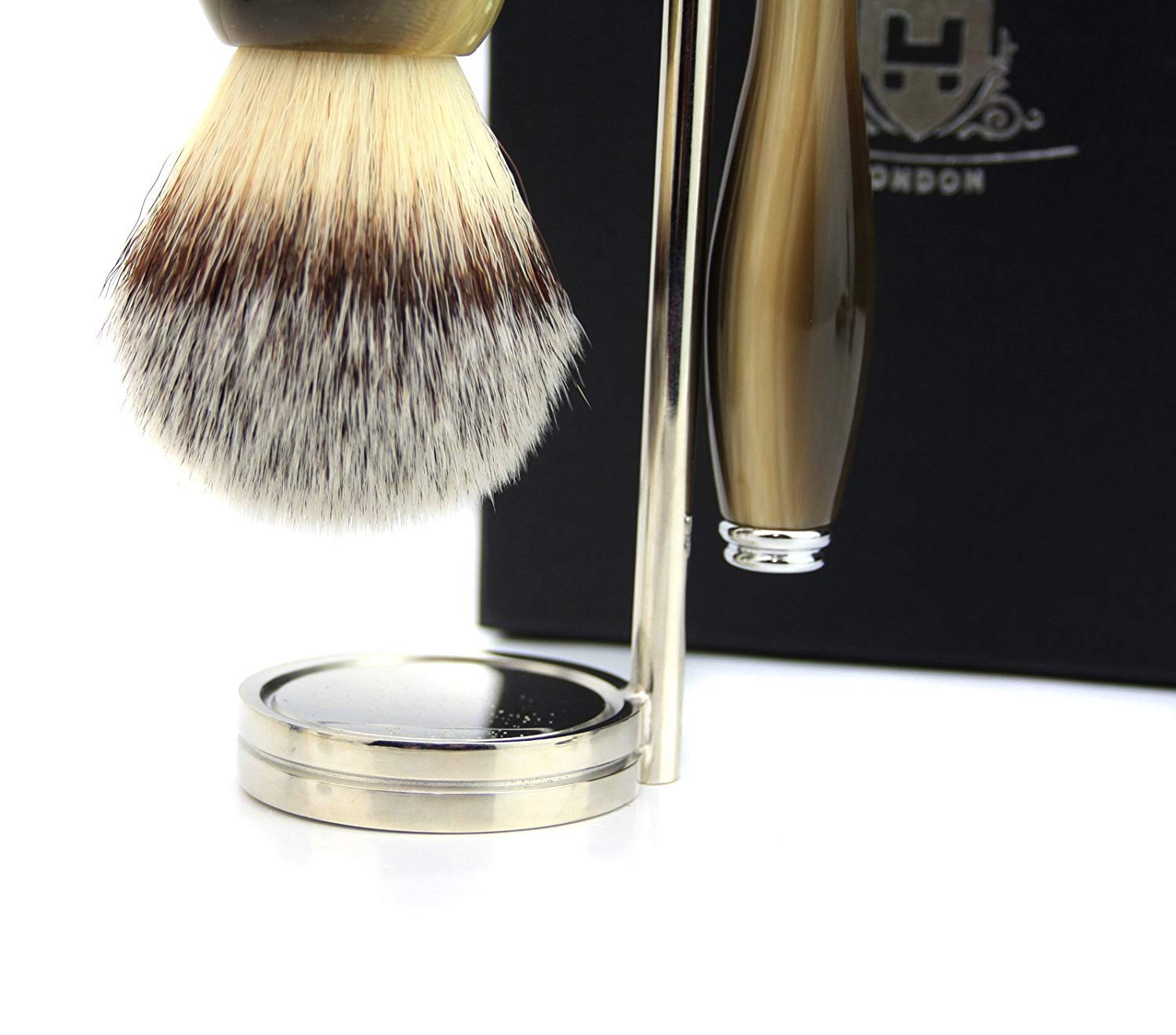 Stile Vintage Depilazione Set da Uomo Capelli Sintetici Spazzola Horn Manico, Doppia Lama Sicurezza Rasoio Horn Manico Steel e chrome Lame testa