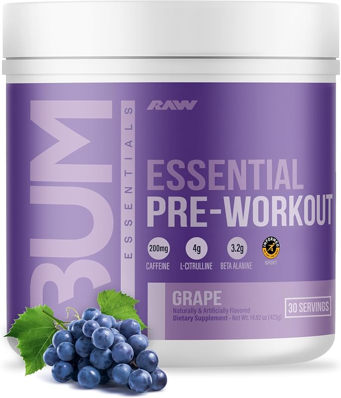 Polvo preentrenamiento esencial RAW (uva) - Suplemento nutricional deportivo Chris Bumstead para hombres y mujeres - Polvo energético preentrenamiento con cafeína, L-citrulina, L-tirosina y mezcla de beta alanina