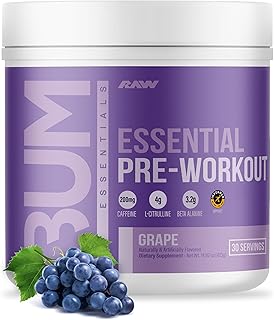 RAW Essential Pre-Workout Powder (Grape) - Chris Bumstead Sports Nutrition Supplement for Men & Women - Preworkout Energy Powder with Caffeine, L-Citrulline, L-Tyrosine, & Beta Alanine Blend