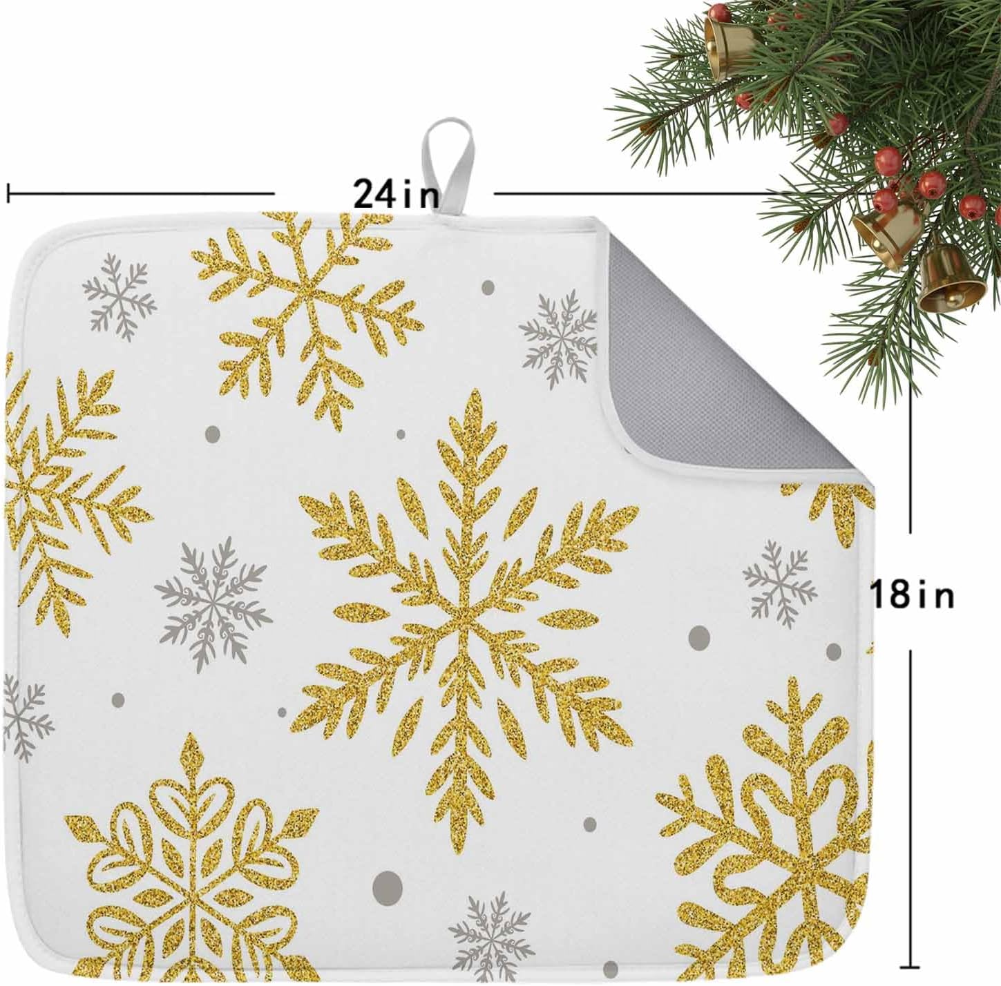 Winter Christmas Snowflake Dish Drying Mats for Kitchen Counter,Absorbent Microfiber Dish Drainer Rack Mat Gold Gray Snow on White Drying Pad for Sinks,Utensils,Countertops,18x24in