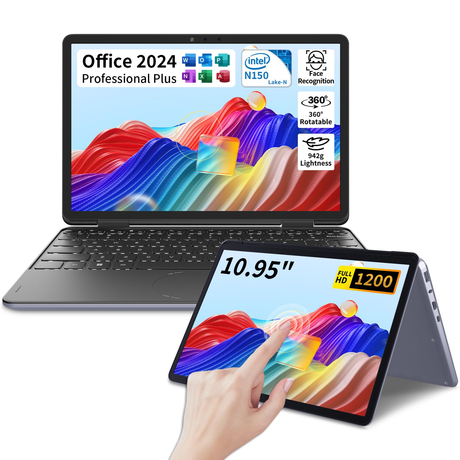 BINHENGLON 11-inch Touchscreen 2-in-1 Convertible Laptop,Celeron N150(Beat N95&N5095) mini PC,Win 11,16GB DDR4,1920 * 1200 IPS Computer,Backlit