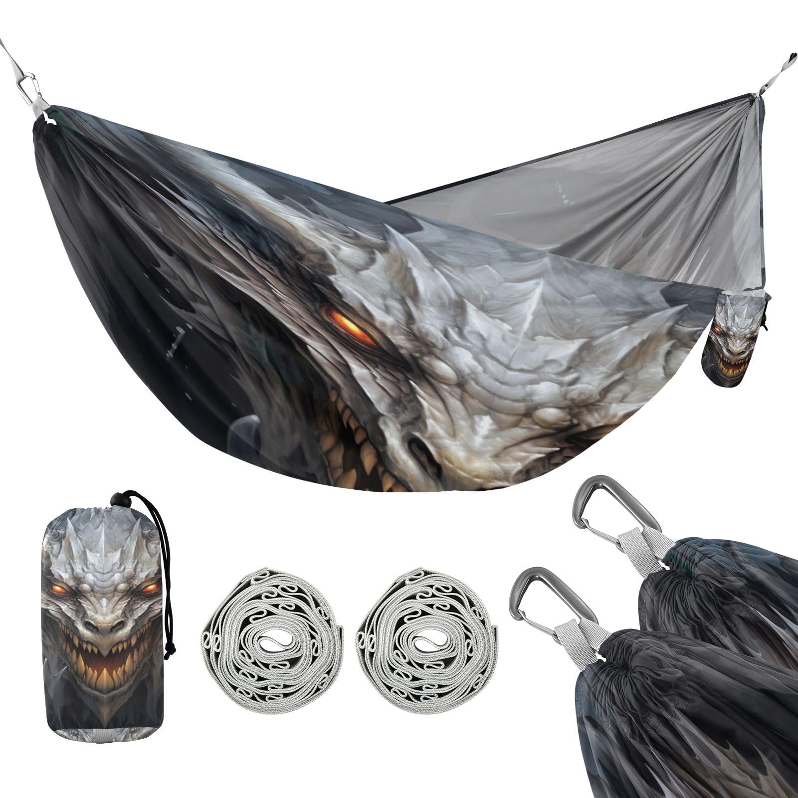 Haskirky Dark Dragon Camping Hammock, Single Portable Hammocks with Tree Straps & Attached Carry Bag, 330Lbs Capacity Perfect for Outside Indoor Hiking Beach Backpack Travel