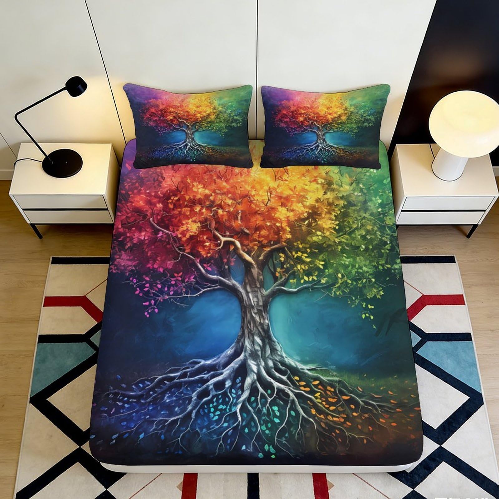 Jqzkxnhpbr Style-2 3D Printed Colorful Tree Of Life Fitted Sheet Microfiber Soft Non Slip Rainbow Roots Mattress Cover For Bedroom Dorm Guestroom Decor 90X200x25cm