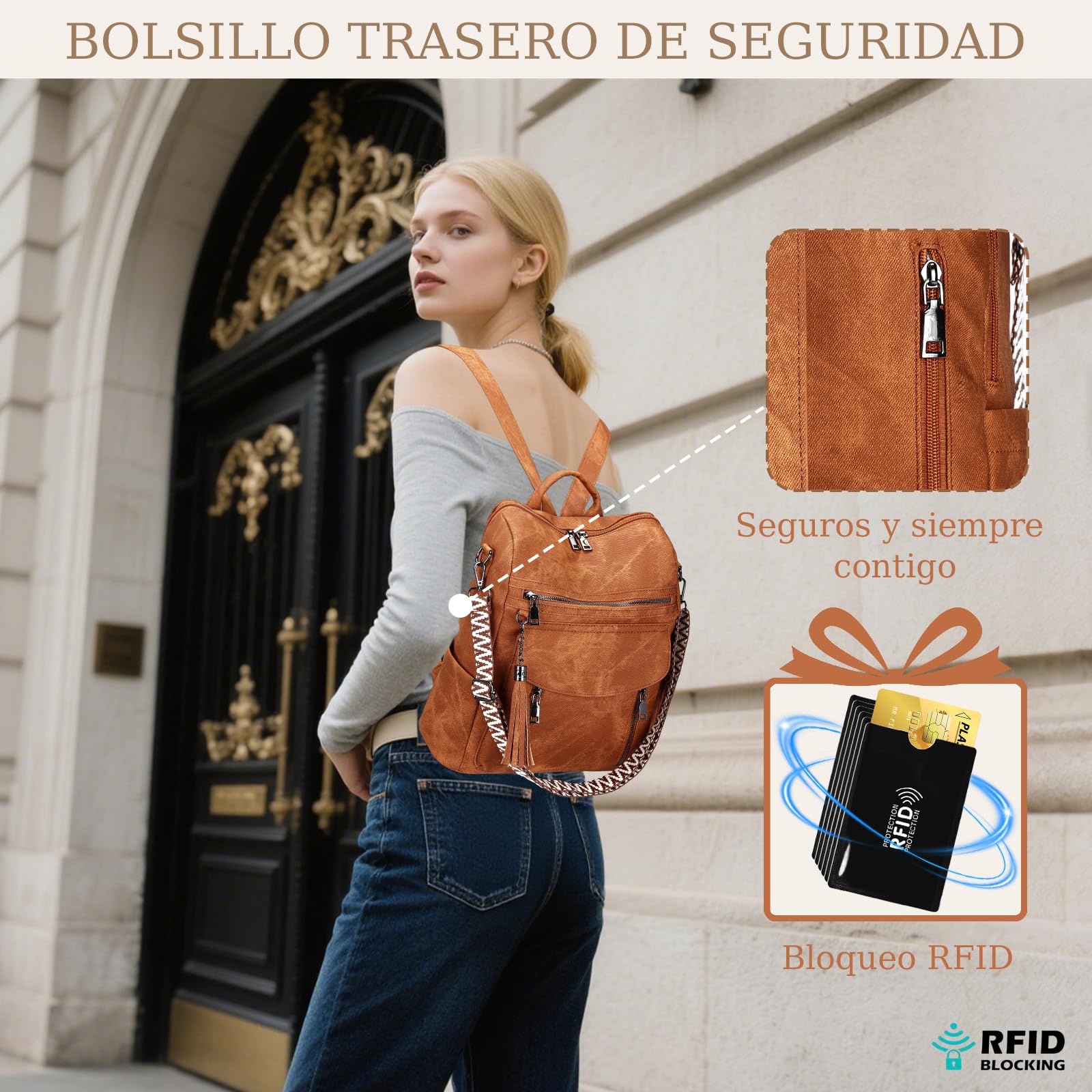 Mochila Mujer de Cuero Vegano Impermeable y Antirrobo, Mochila Elegante para Portátil, para Oficina, Universidad y Viajes
