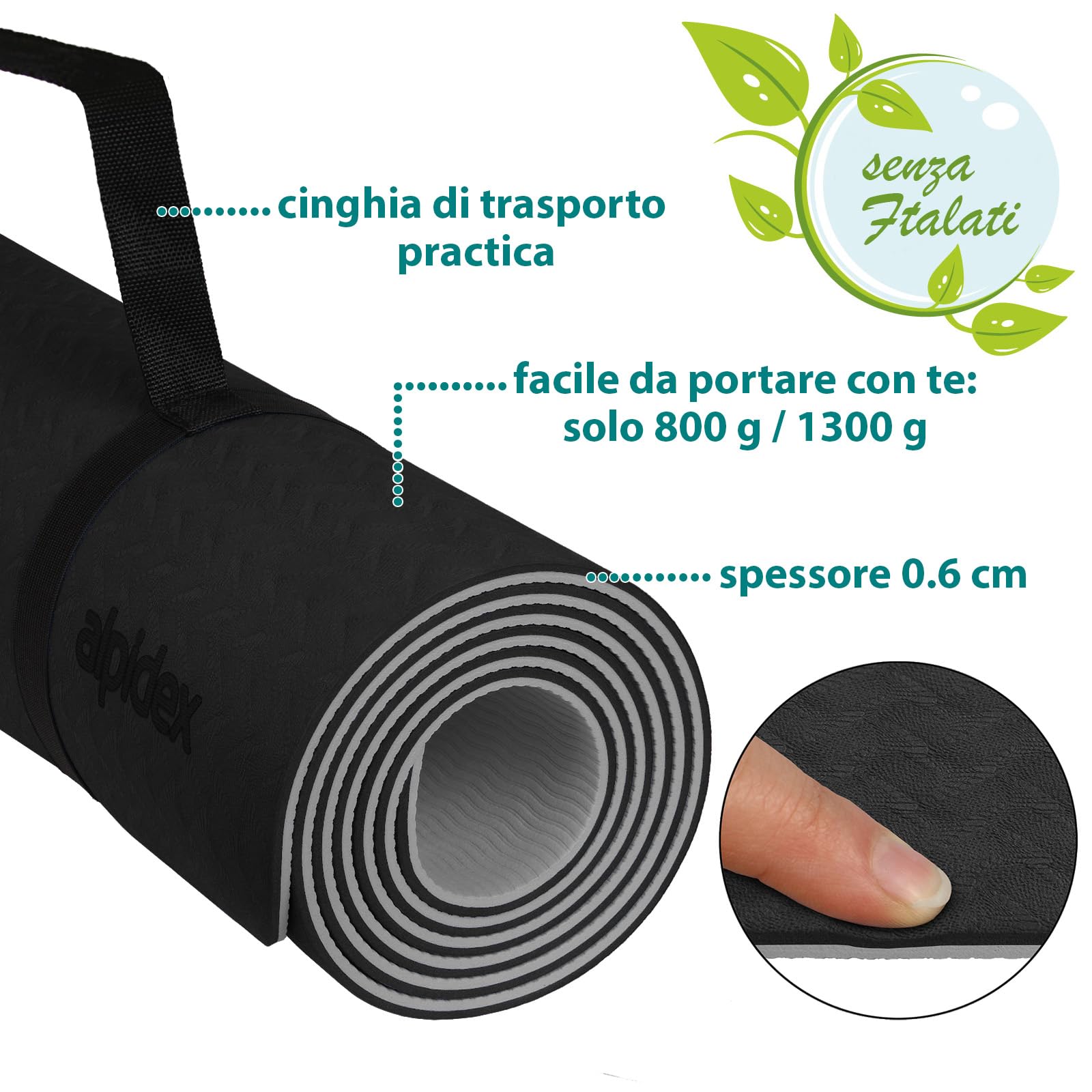 ALPIDEX Tappetino Yoga 190 x 61 x 0.6 cm | 190 x 90 x 0.6 cm E-Book Tappeto TPE Fitness Antiscivolo Aerobica Palestra Ginnastica Pilates Allenamento Casa
