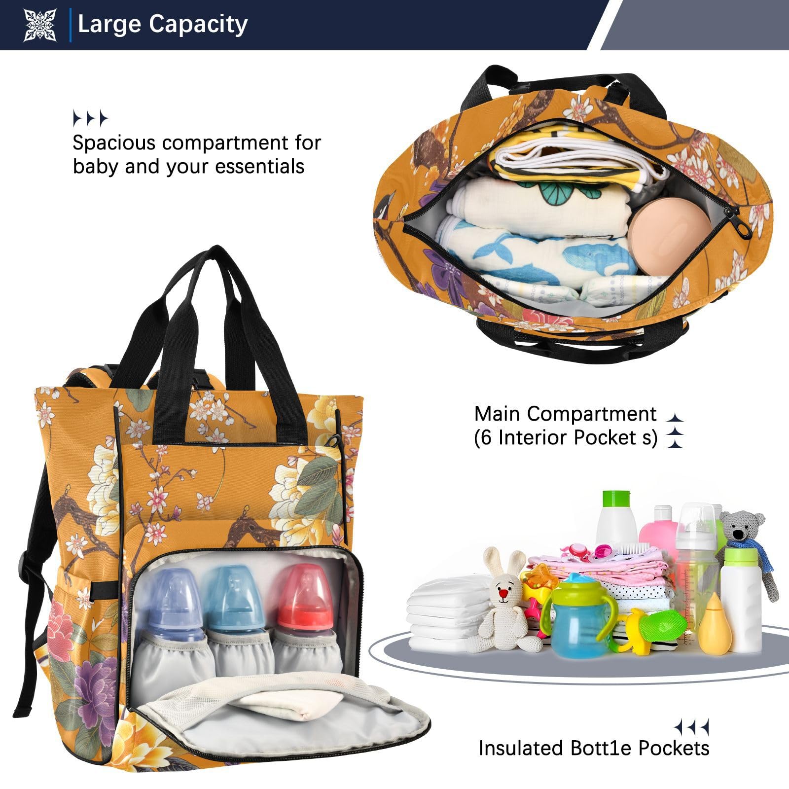 Baby Essentials torba na pieluchy pomarańczowe kwiaty i ptaki