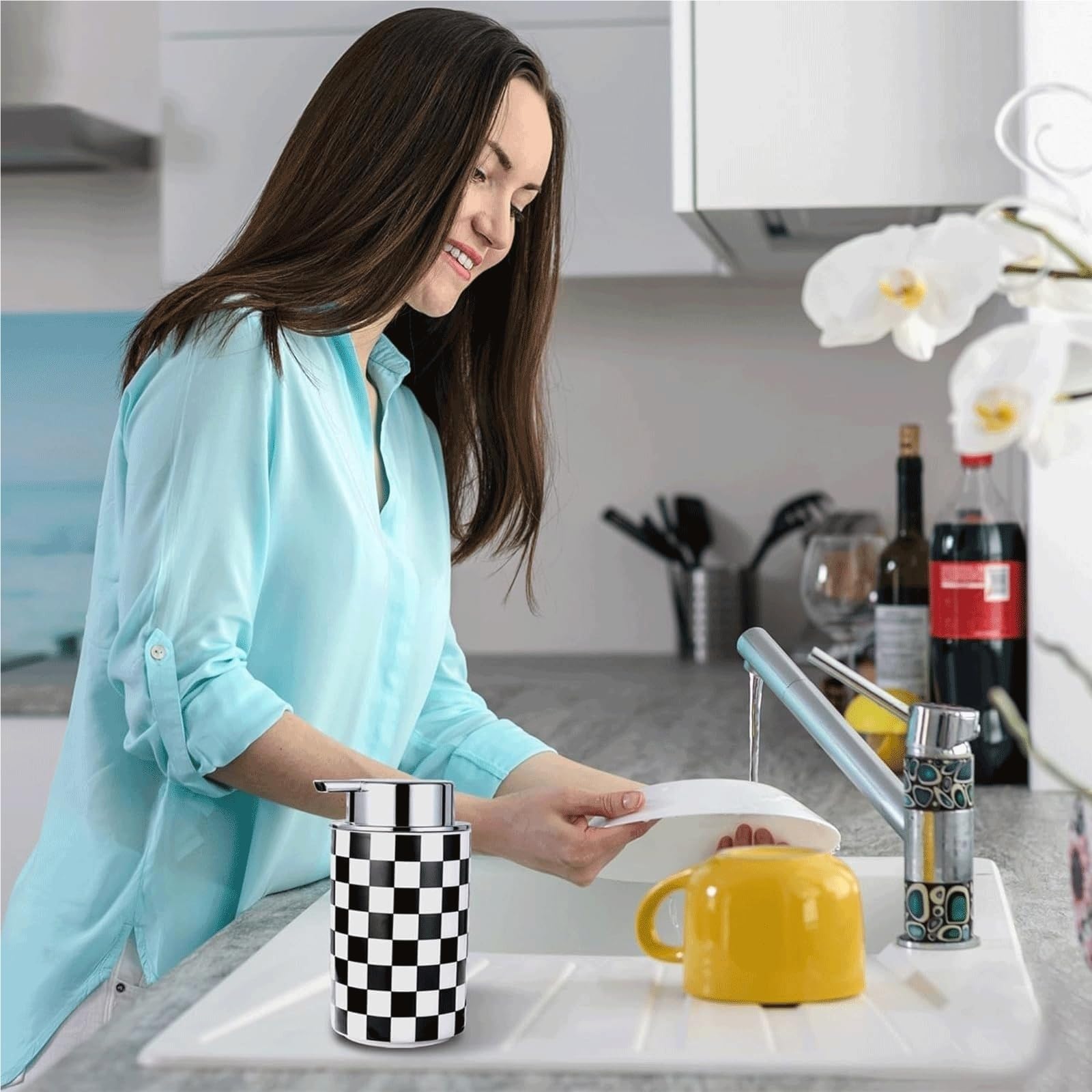 Ceramiczny dozownik mydła w kratkę, czarno-biały dozownik do rąk z pompką antykorozyjną, 350 ml butelka na balsam do łazienki i kuchni, akcesoria dekoracyjne w nowoczesnym stylu (srebrny)