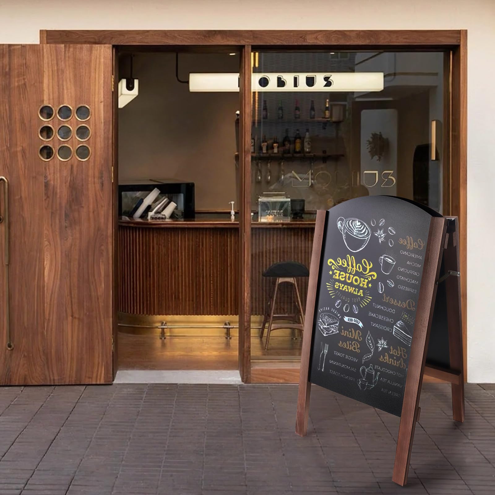 Pizarra plegable de doble cara, letrero portátil independiente con soporte, pizarra publicitaria reversible para cafetería, restaurante, tienda, eventos, uso interior y exterior, 45 x 41 x