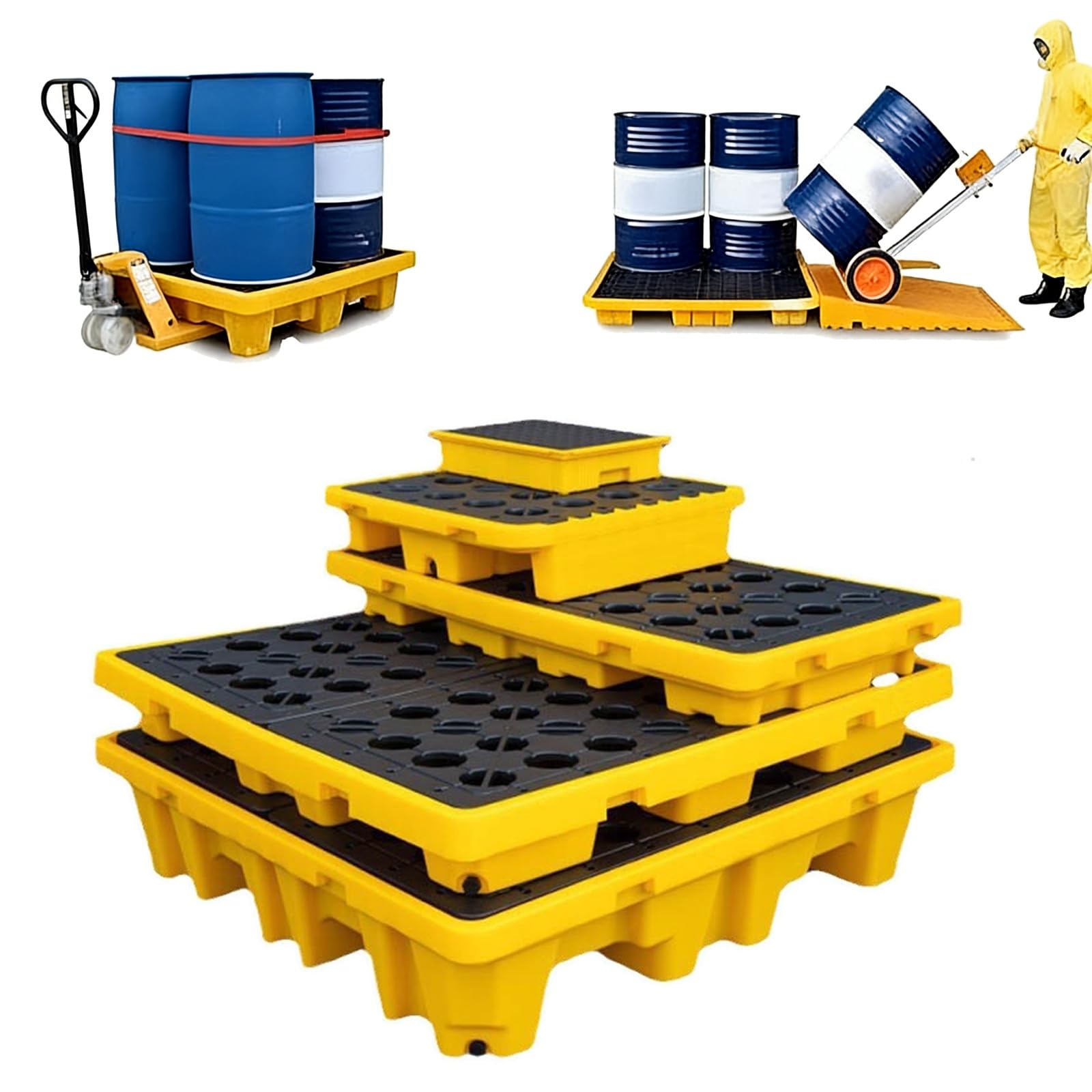 Plateforme de rétention modulaire anti-fuite pour entrepôts et usines, bac de récupération étanche pour fûts et sous-sols ; plateforme de rétention étanche empilable pour stockage industriel