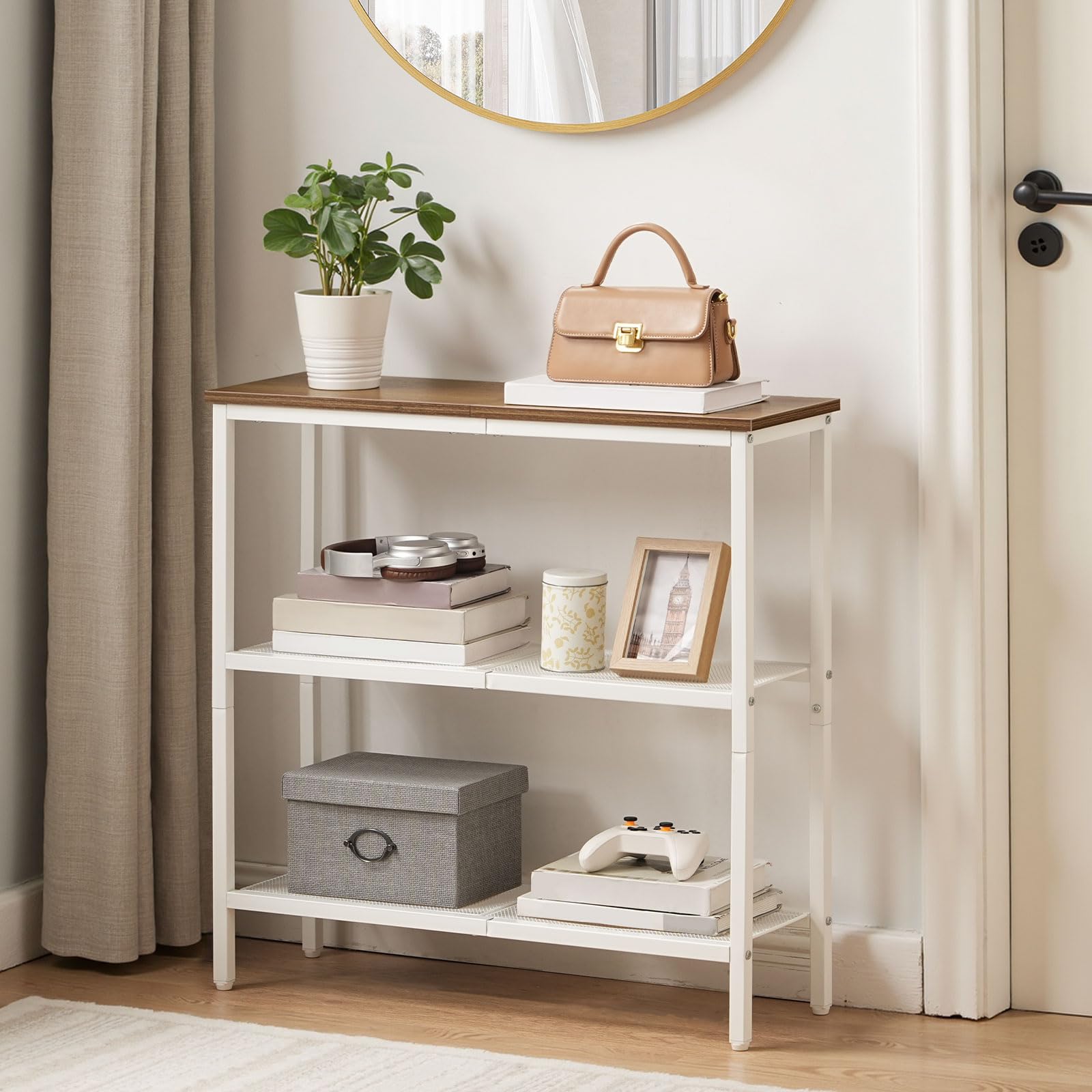 HOOBRO Table Console, Table d'Appoint avec 2 Étagères de Treillis, Table Canapé, Cadre en Métal, Design Industriel, pour Couloir, Entrée, Salon, Chambre et Bureau, Blanc et Noyer EWH73XG01
