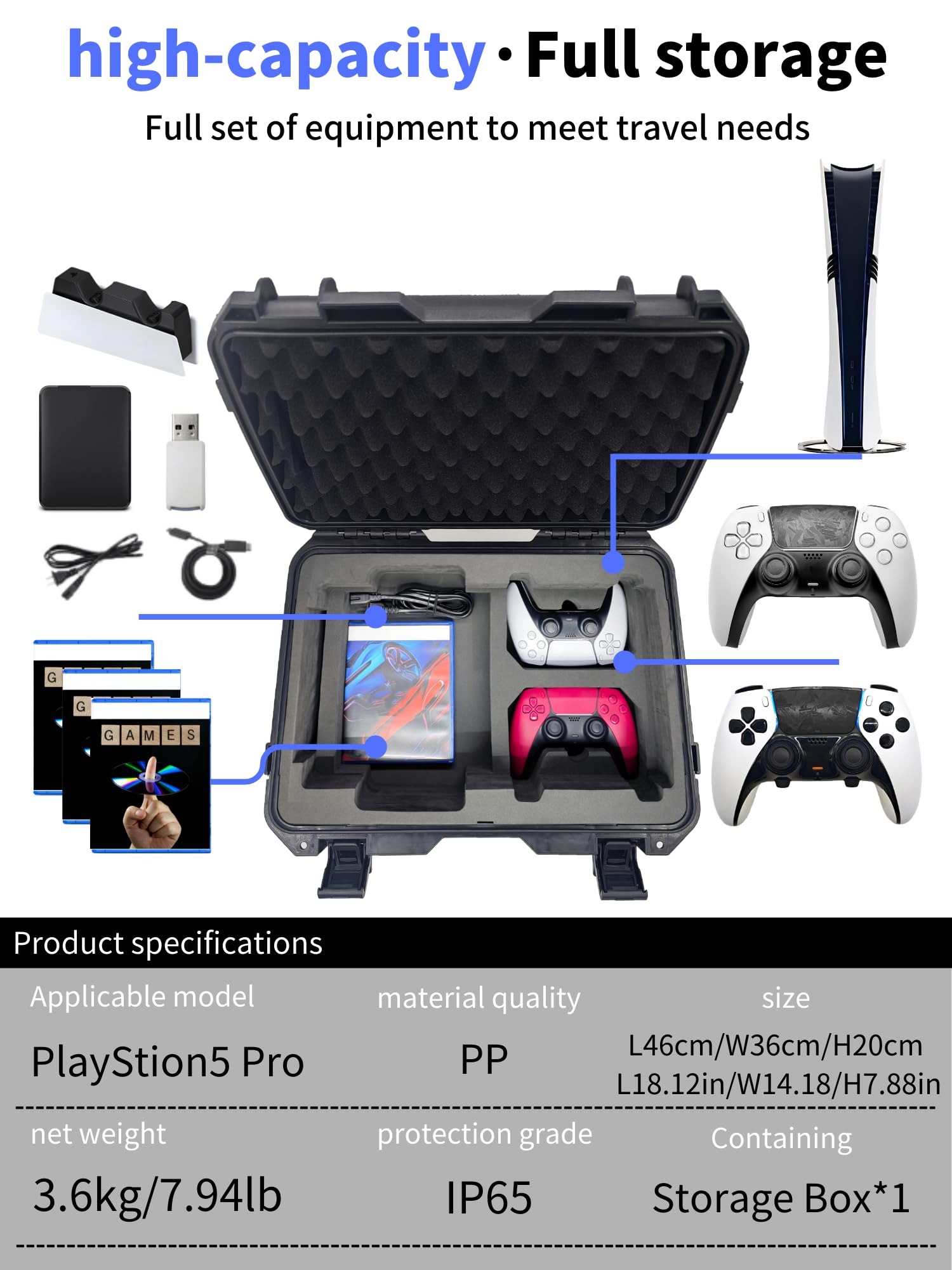 Custodia da viaggio Hard Shell compatibile con console PlayStation 5 Pro,controller, custodia PS5 PRO con schiuma personalizzata per entrambe le edizioni standard e digitali (FOR PS5 PRO(2024)