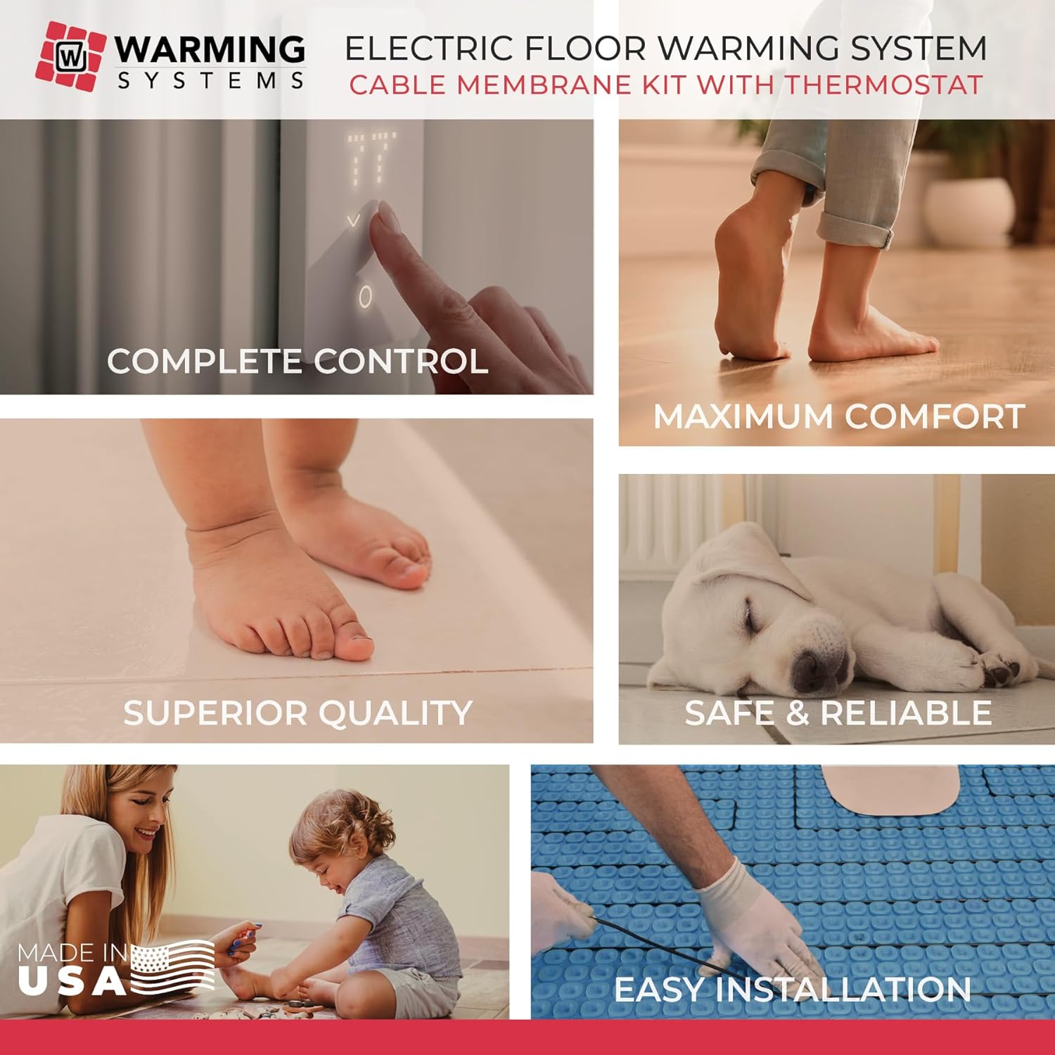 40 Sqft 120V Electric Radiant Floor Heating System – Includes Heating Cable, Membrane, Programmable Thermostat, Installation Monitor and Under, 25 Yr Warranty, USA Made