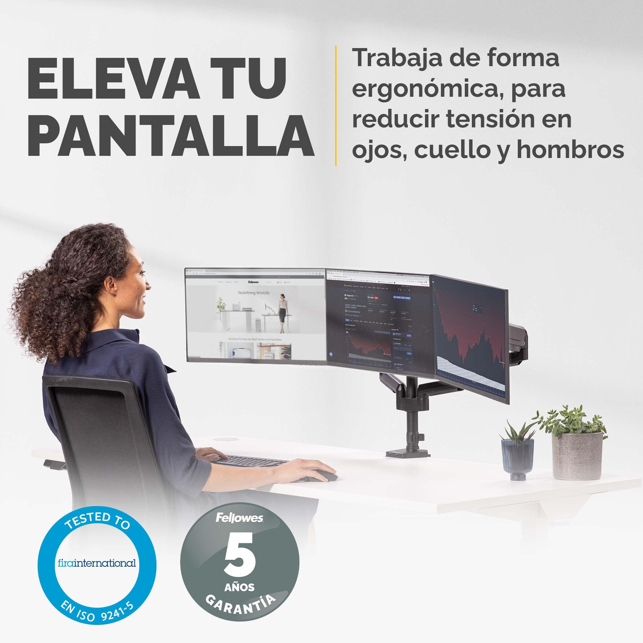 Fellowes Brazo para Monitor Triple Platinum Series - Soporte para monitor ajustable, con funciones de inclinación, giro y rotación y con 2 puertos USB - Tamaño máximo del monitor 27", Negro