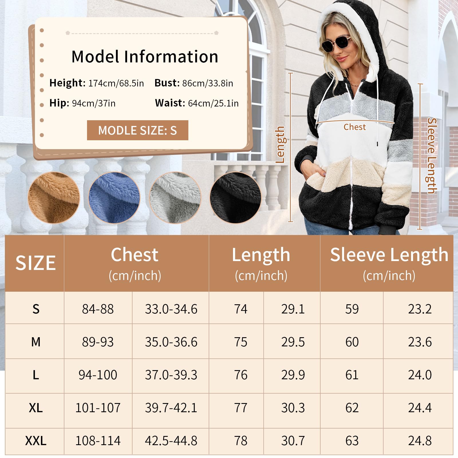 Yuson Girl Felpe con Cappuccio Donna Felpa in Pile Patchwork Manica Lunga Felpe Donna con Zip Autunno Invernale Felpa Pelosa Casual Giacca Teddy Outwear Caldo Cappotto con 2 Tasche