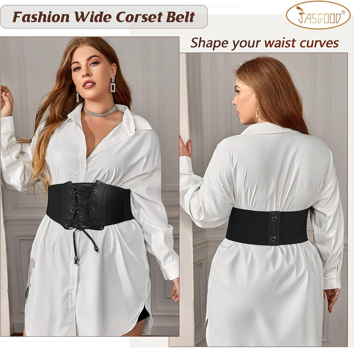 JASGOOD Wide Elastic Corset Belt for Women Vintage Lace-up Tied Waspie Waist Belt for Dress - Image 2