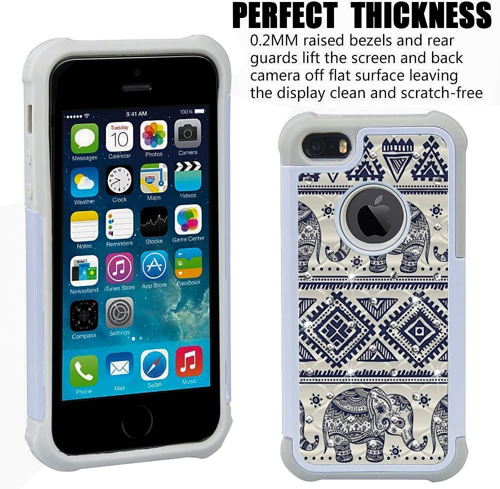 UrSpeedtekLive iPhone 5s Case, iPhone SE Case, [Shock Absorption] Dual Layer Hybrid Defender Protection Rhinestone Crystal Bling Cover Case for iPhone SE/5/5S, Elephant 2