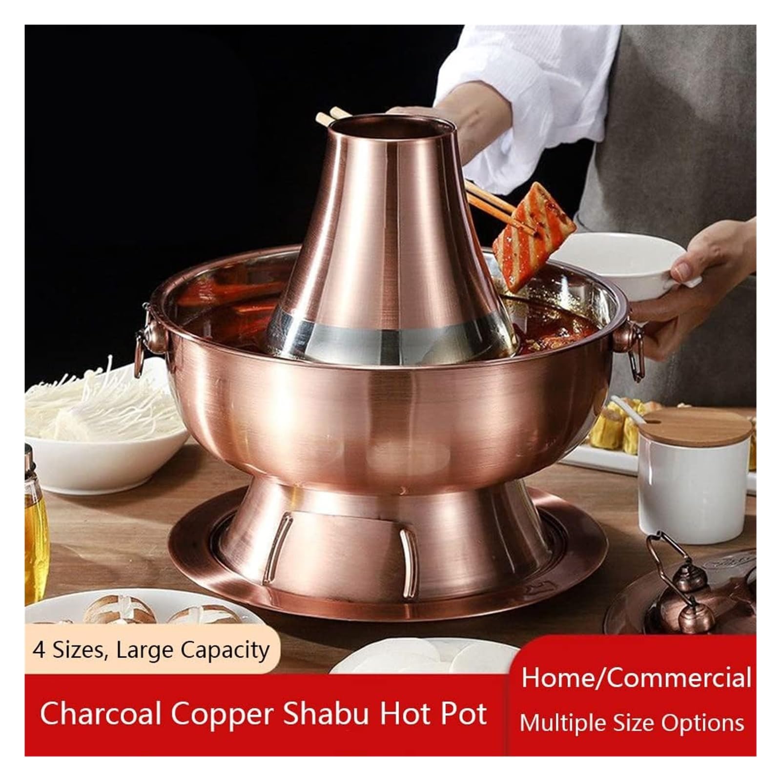 SAeWare Pentola calda cinese in rame, pentola calda in acciaio inox, pentola tradizionale cinese con camino per casa, feste, ristorante, argento, 32 cm