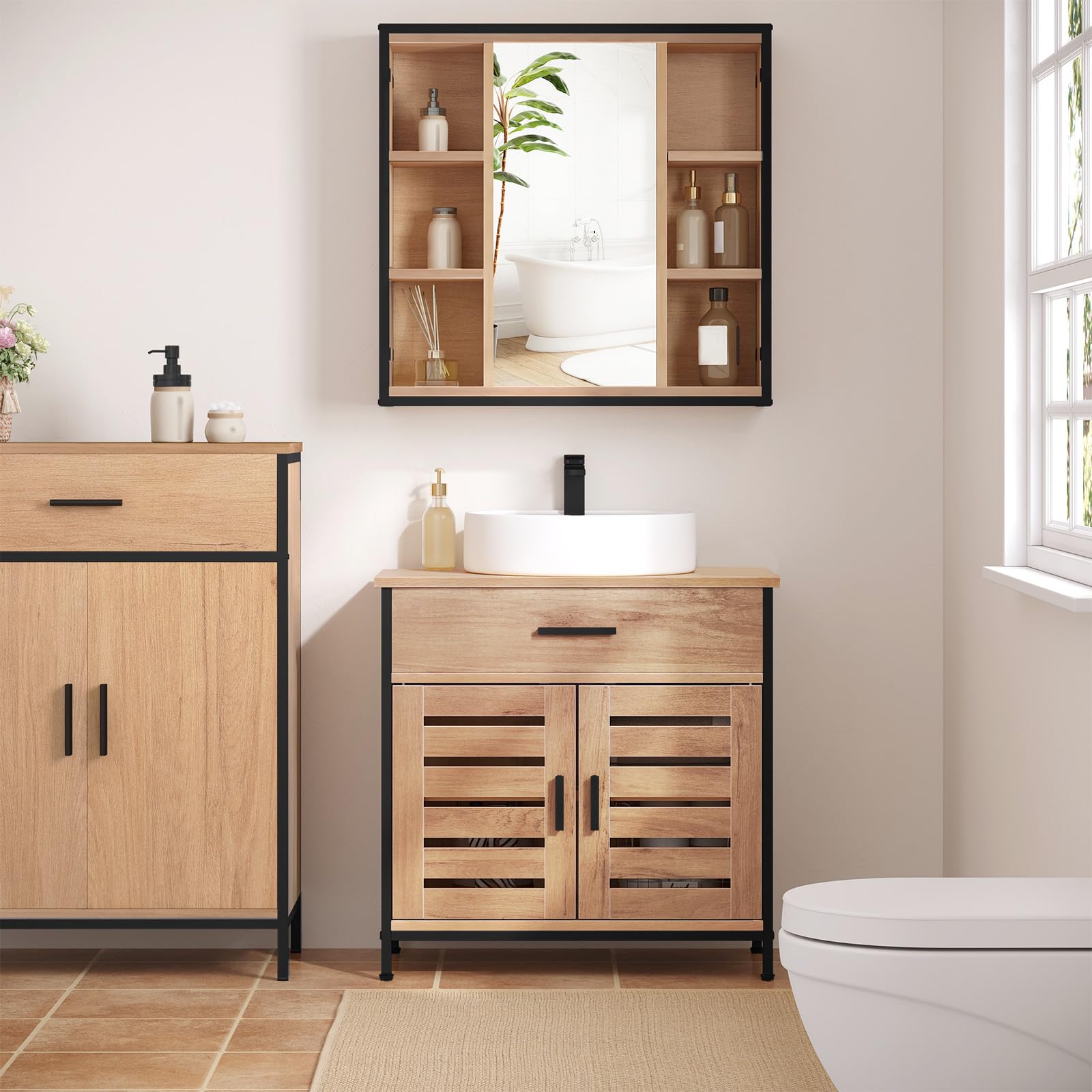 EUGAD Waschbeckenunterschrank, Badezimmer Unterschrank Waschbecken, Badezimmerschrank mit Schublade, 2 Türen, verstellbare Ablage, freistehend, 60x60x30 cm, Helle Eiche