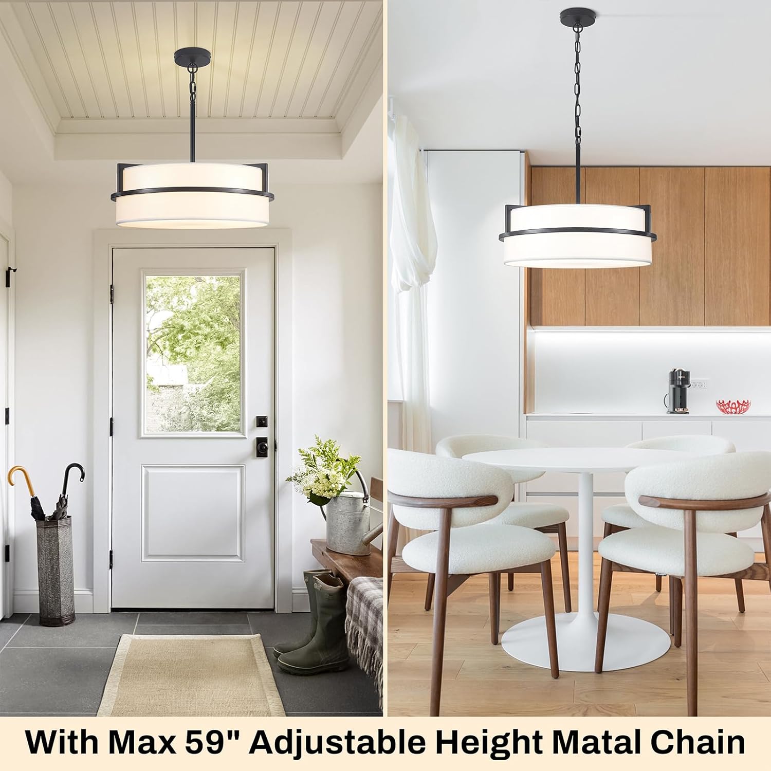 19.7" Black Drum Chandelier,5-Lights Large Drum Pendant Light with White Linen Shade Round Modern Chandeliers for Dining Room Bedroom Kitchen Island Over Table Hanging Ceiling Light Fixtures