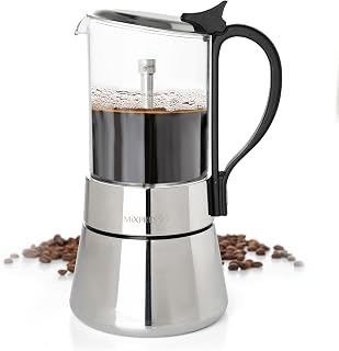 Mixpresso 9 Cup Greca Moka Pot, Glass Stovetop Espresso Maker | 550ml/18oz Italian stovetop coffee maker with classic percolator design, ideal for preparing coffee at home or while camping