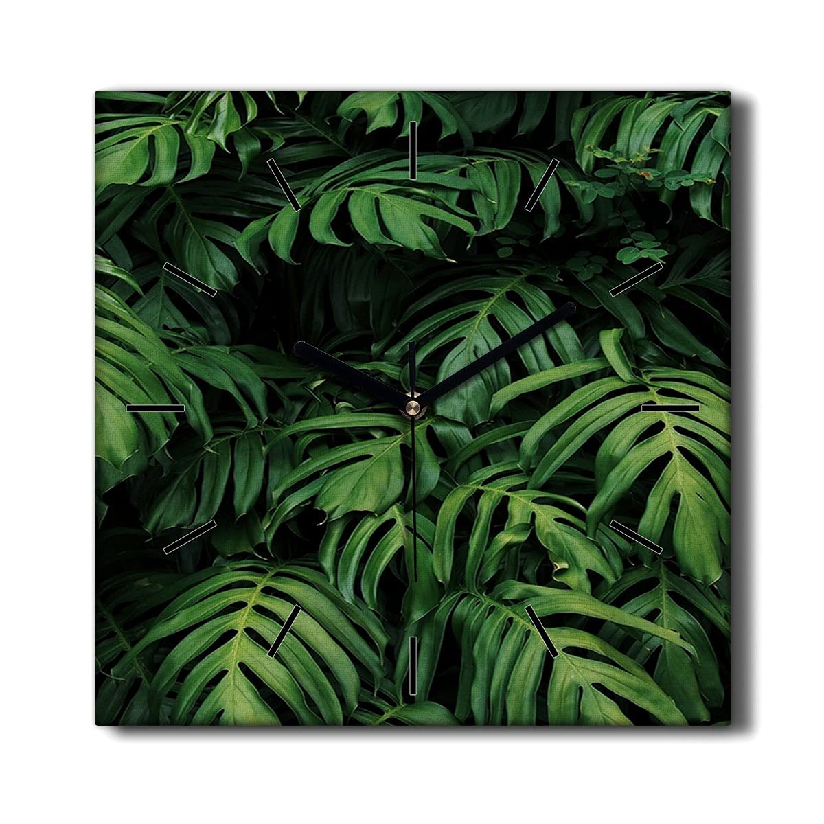 Horloge sur Toile 30x30cm Coloray avec Cadran Imprimé Motif Feuilles Tropicales