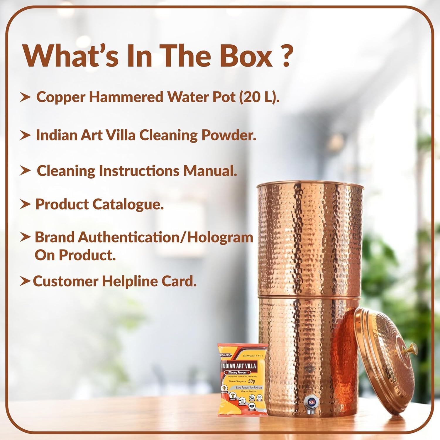 Indian Art Villa Pure Copper Hammered Design Filter Water Dispenser Pot With Double Filter Candle Inside, Storage Water In Home Kitchen, Volume- 676 Oz