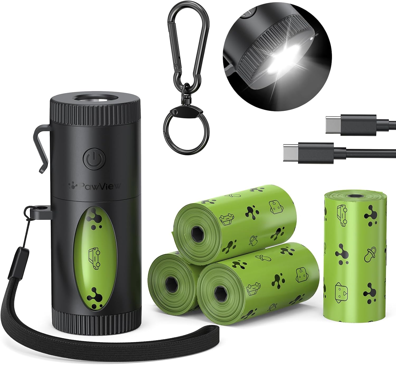 Dog Poop Bag Holder with Rechargeable LED Flashlight, 4 Light Modes for Night Walk Safety, Hands-Free Dispenser with Used Bag Hook & Carabiner Clip, Fits Any Leash, 60 Bags Included