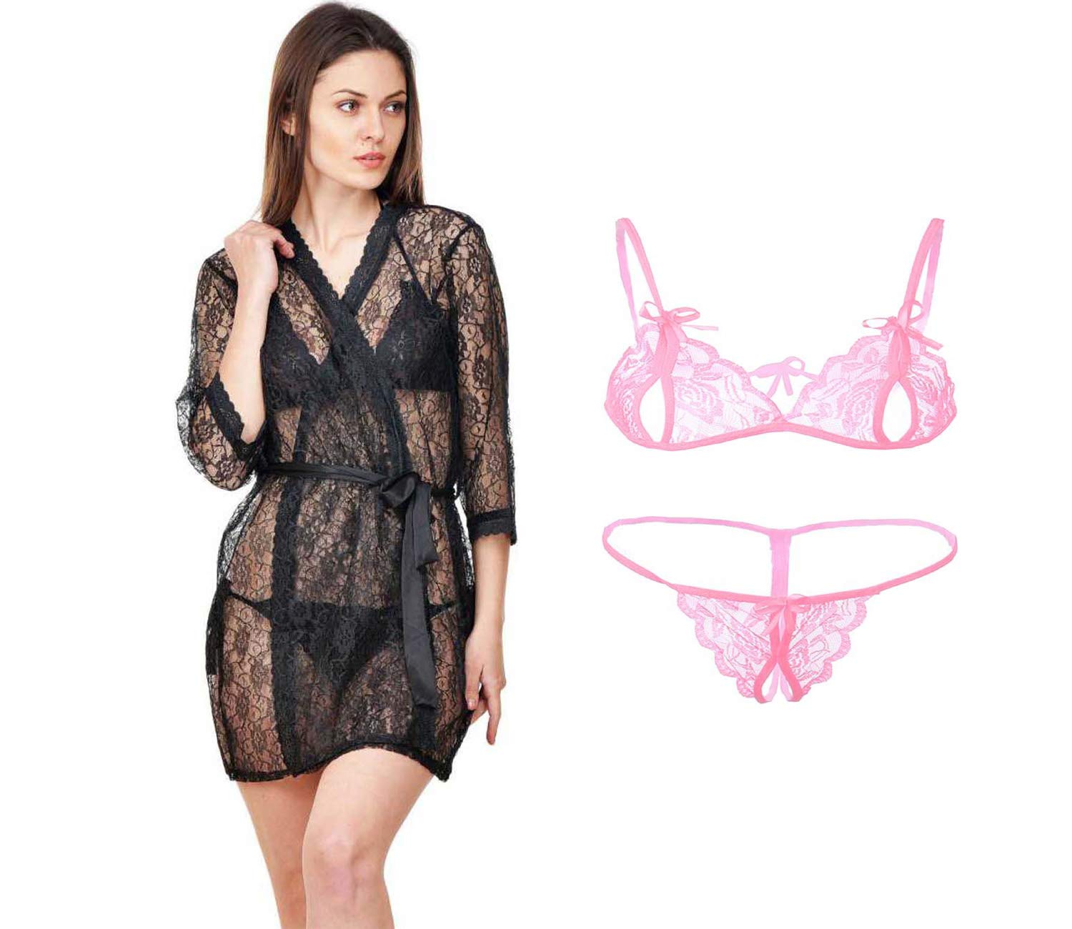 Nighty with Robe & Bra, Panty Baby Doll Set for Women ll Ladies and Girls Lingerie Set -3 Pcs Black,Pink-image-44
