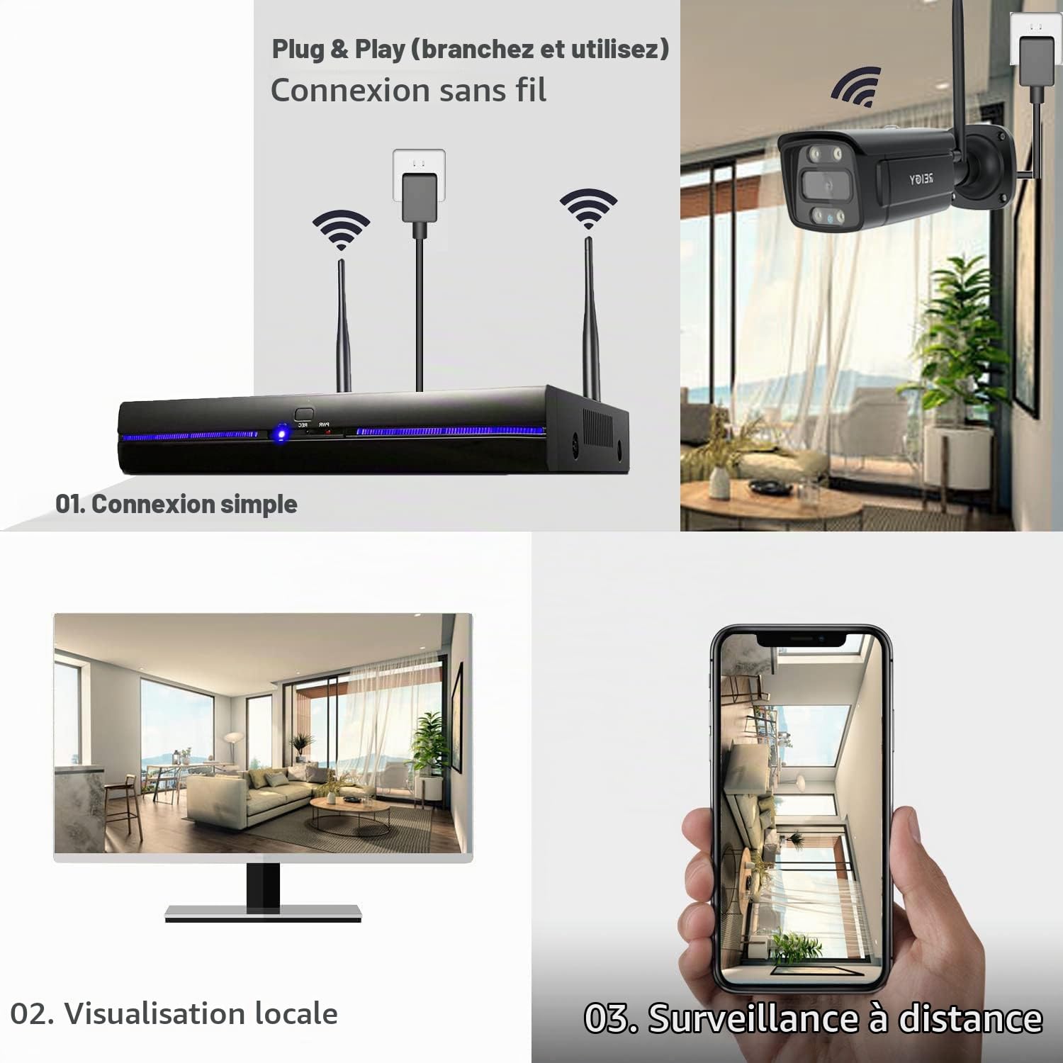 REIGY 3MP Système Surveillance WiFi Exterieure avec Spotlight, Kit Camera Videosurveillance 10CH 5MP NVR + 4X 1296P Camera, Audio Bidirectionnel Vision Nocturne Colorée Imperméable sans HDD Noir