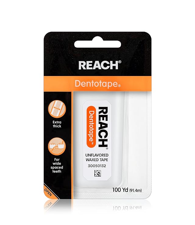 REACH Dentotape Waxed Dental Floss Tape Unflavored Extra Wide Floss Shred Frey Resistant Plaque Remover for Teeth Easy