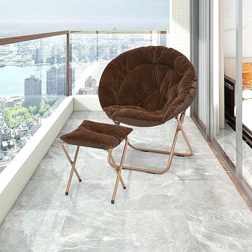 Miniatura 2 de Athena Collection Moderno platillo de terciopelo de piel sintética marrón, plegable, redonda, acogedora, con otomana, capacidad de peso de 300