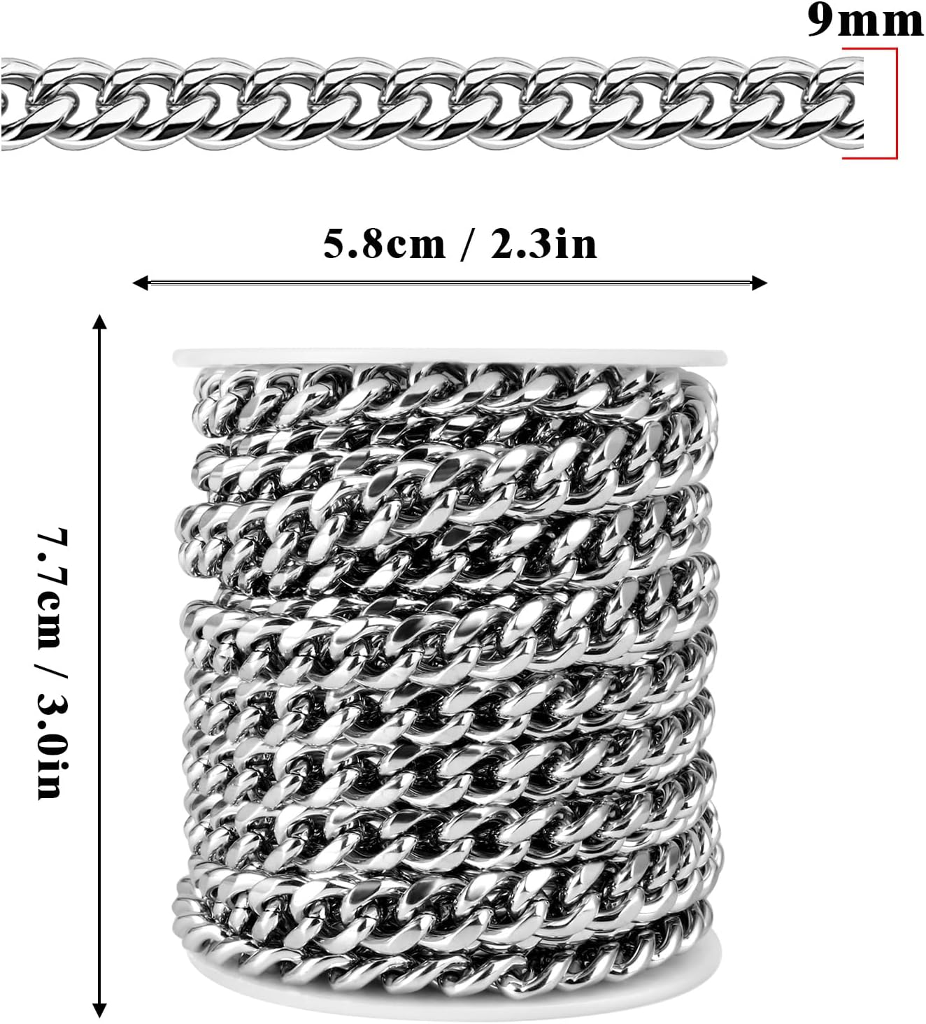 16.5 Feet Stainless Steel Cuban Chains Roll, 9mm Width Miami Curb Link Chains Spool Bulk for Jewelry Meking & DIY Craft - Image 3