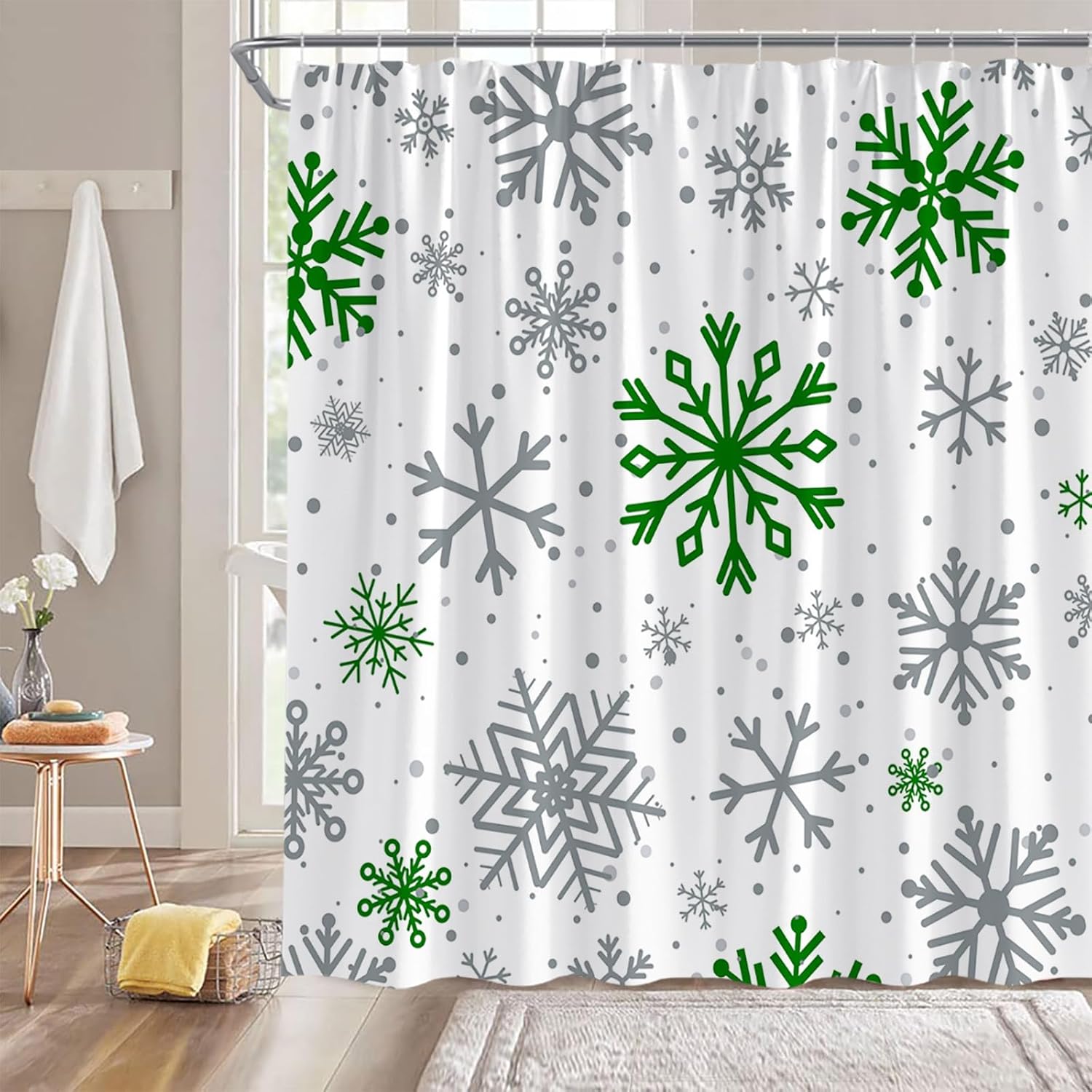 Christmas Snowflake Shower Curtain Winter Snow Flakes Merry Xmas Abstract Cartoon Season Festival,White Green Grey,84" Wx70 H Fabric Bathroom Decor Curtain with Hooks