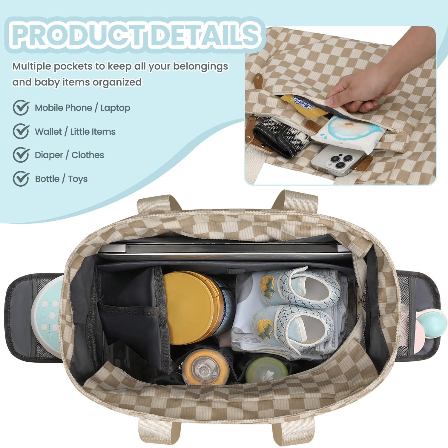 Large Travel Diaper Bag Tote with 14 Inch Laptop Sleeve, Breast Pump Bag for Mom and Dad, Mommy Maternity Travel Baby Bag for Boys and Girls, Plaid