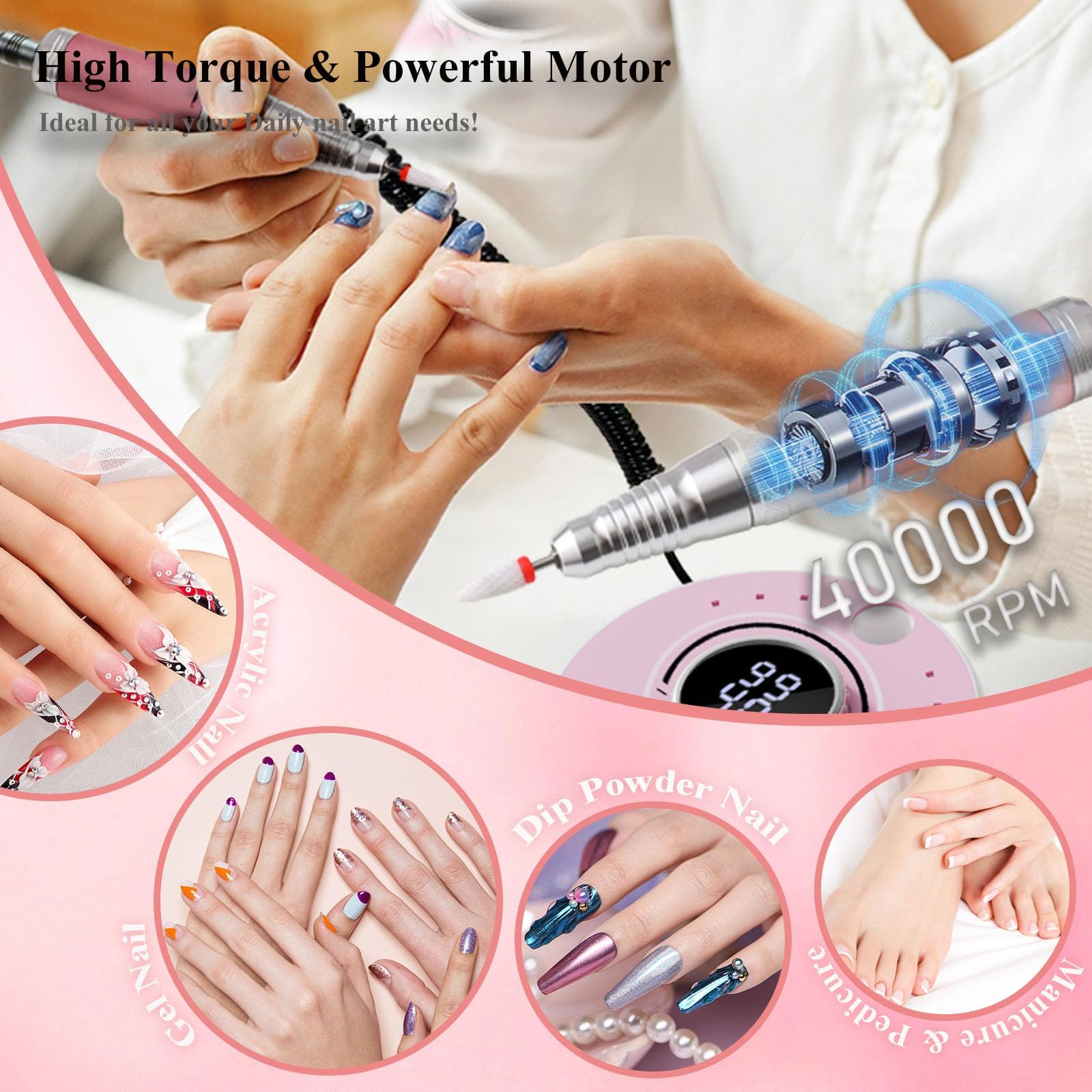 Trapano elettrico per unghie con motore brushless, 40000 giri/min, lima professionale senza fili per rimozione di acrilico e gel, kit per manicure e pedicure ricaricabile con 12 punte per uso